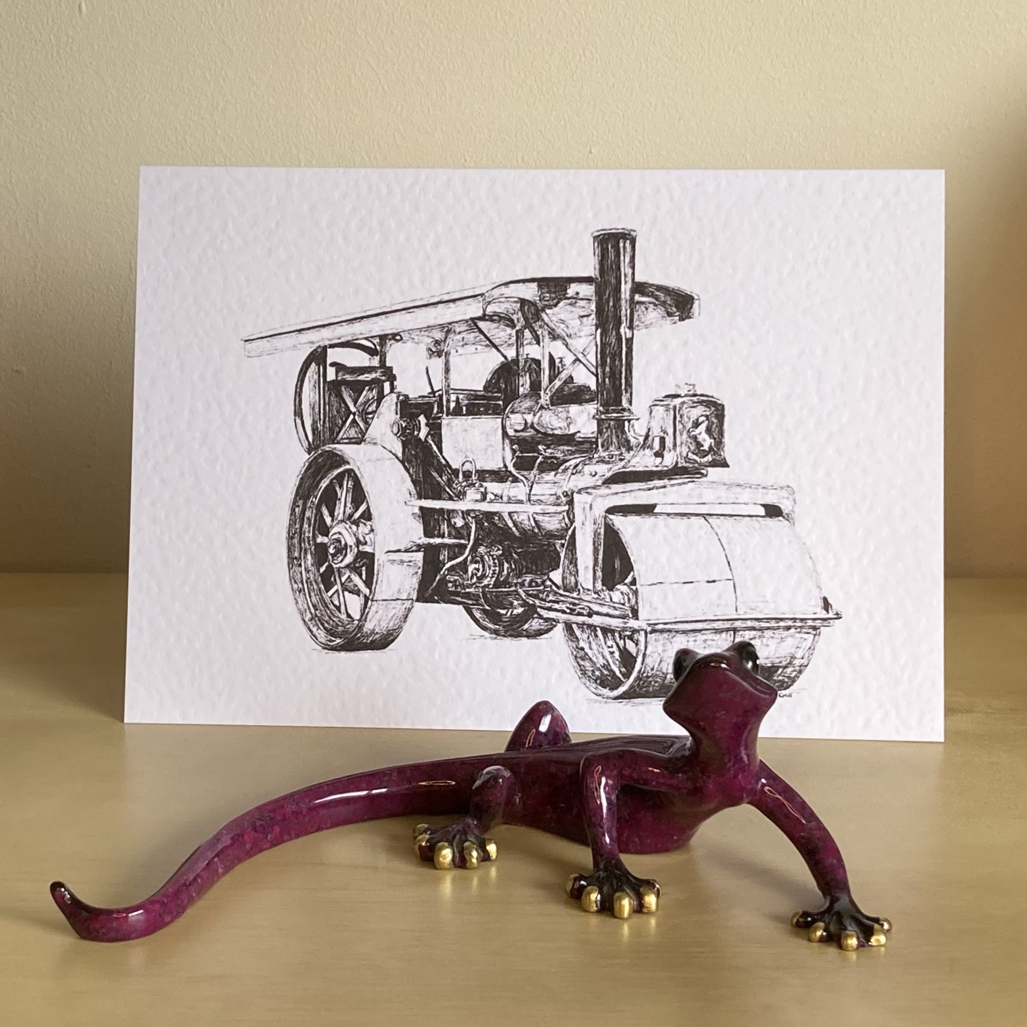 Aveling and Porter Road Roller Traction Engine greeting card, pen and ink illustration by Louisa Hill