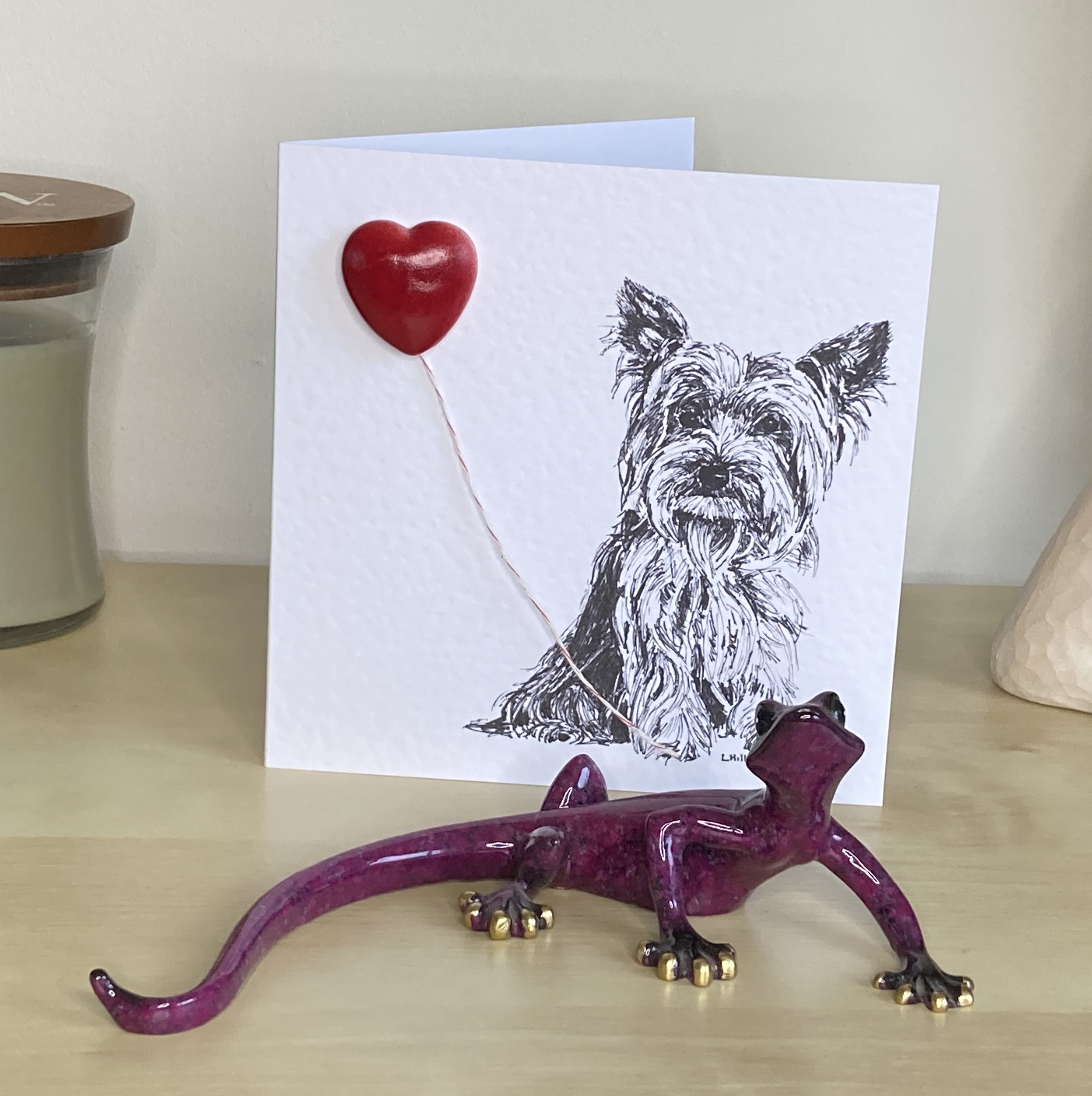 Yorkshire Terrier 15cm greetings card with 3D red heart balloon
