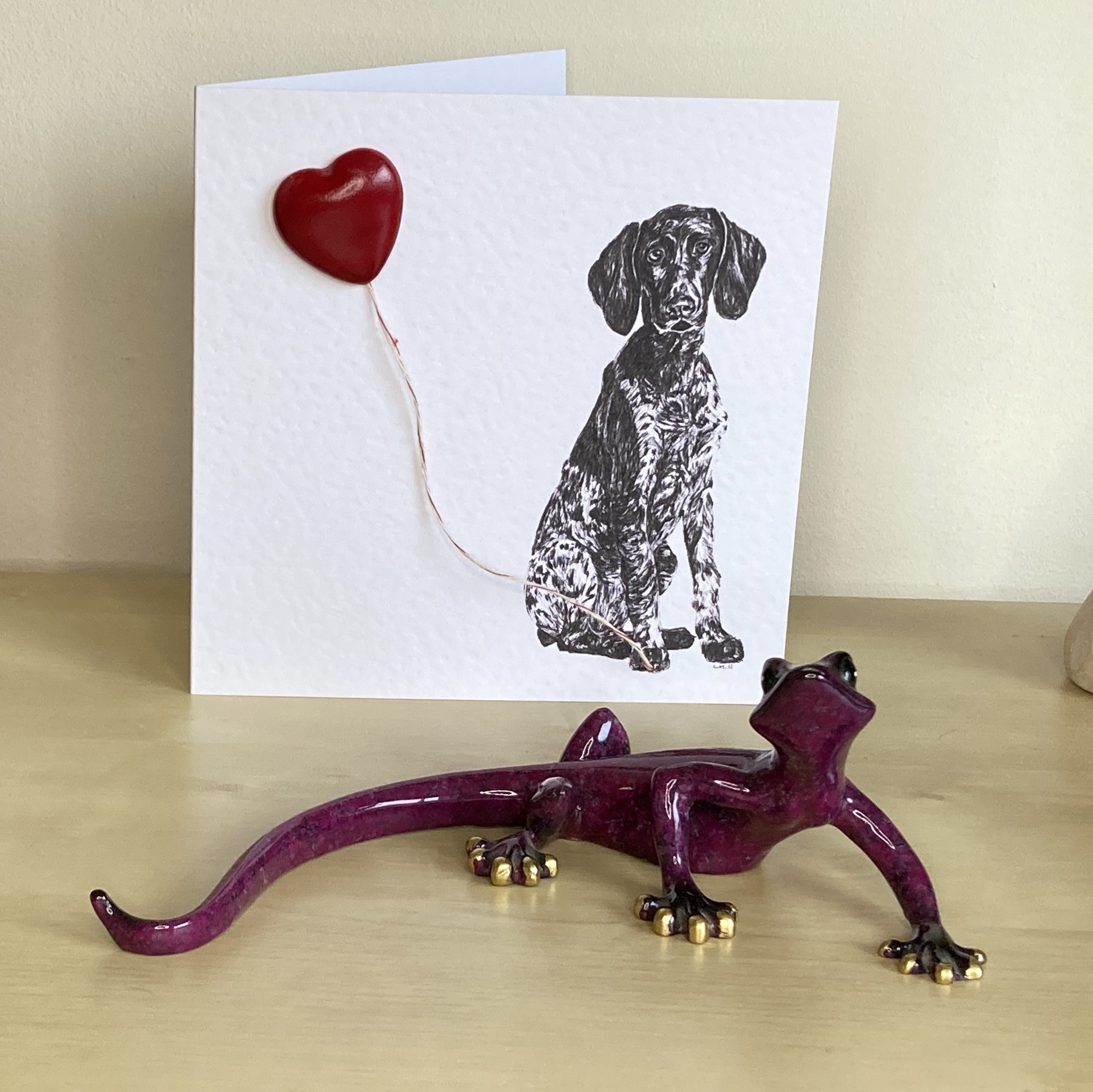 German Short Haired Pointer 15cm greetings card with 3D red heart balloon