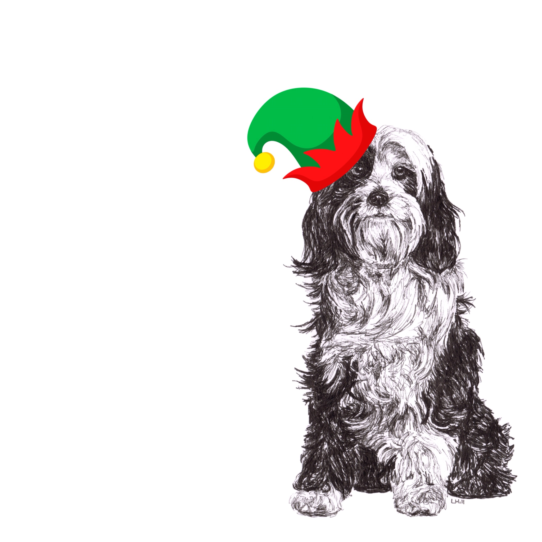 Tibetan Terrier with Santa hat Christmas card by Louisa Hill