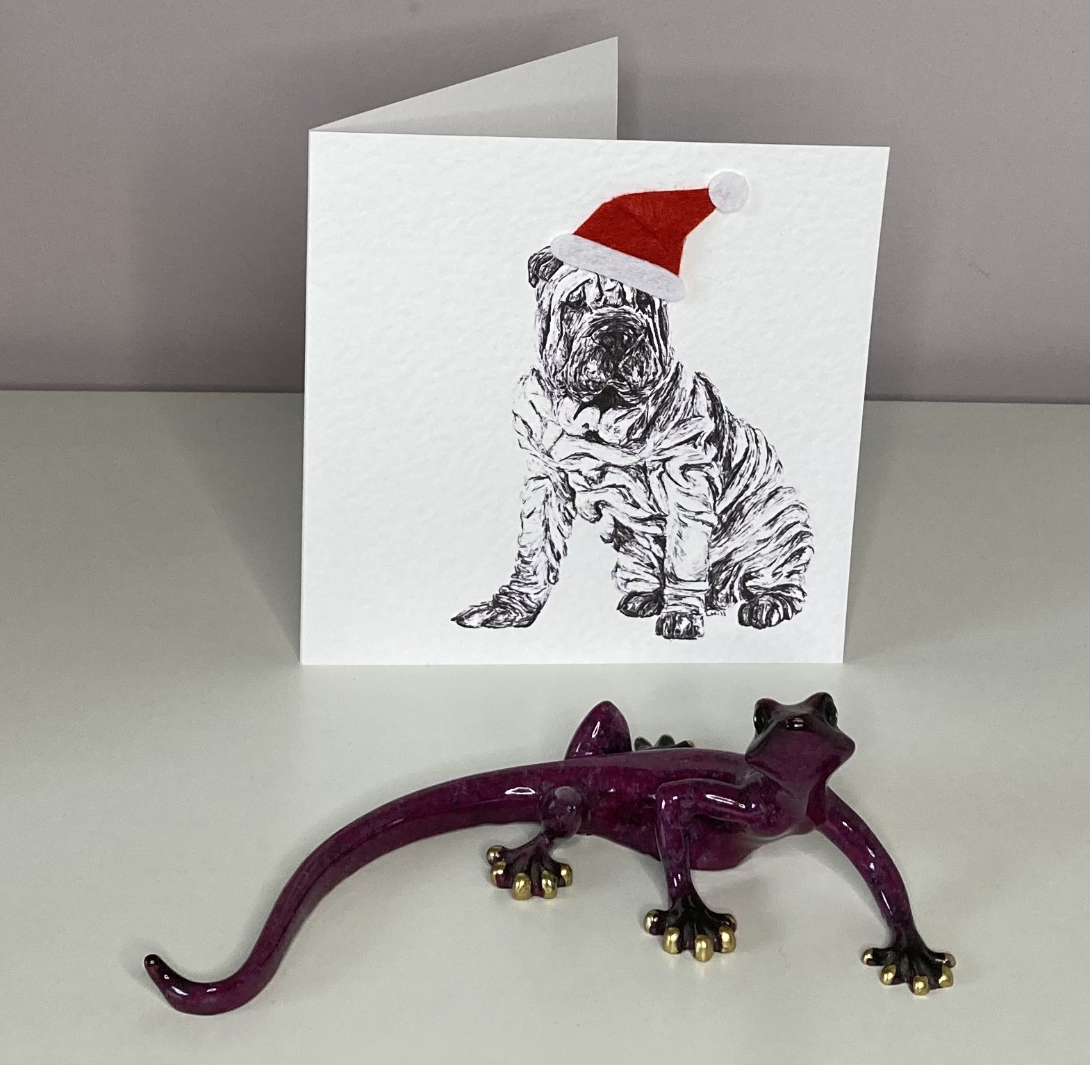 Shar Pei with Santa hat Christmas card by Louisa Hill