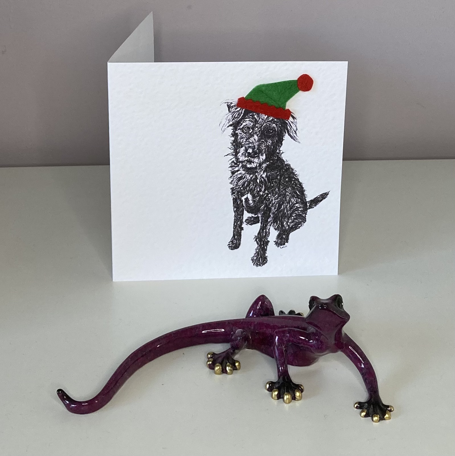 Patterdale Terrier with elf hat Christmas card by Louisa Hill