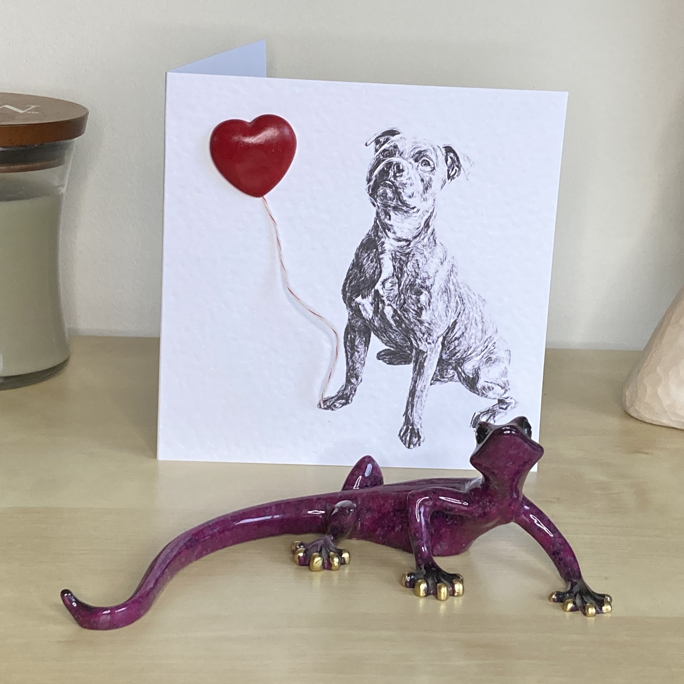 Staffordshire Bull Terrier 15cm greetings card with 3D red heart balloon