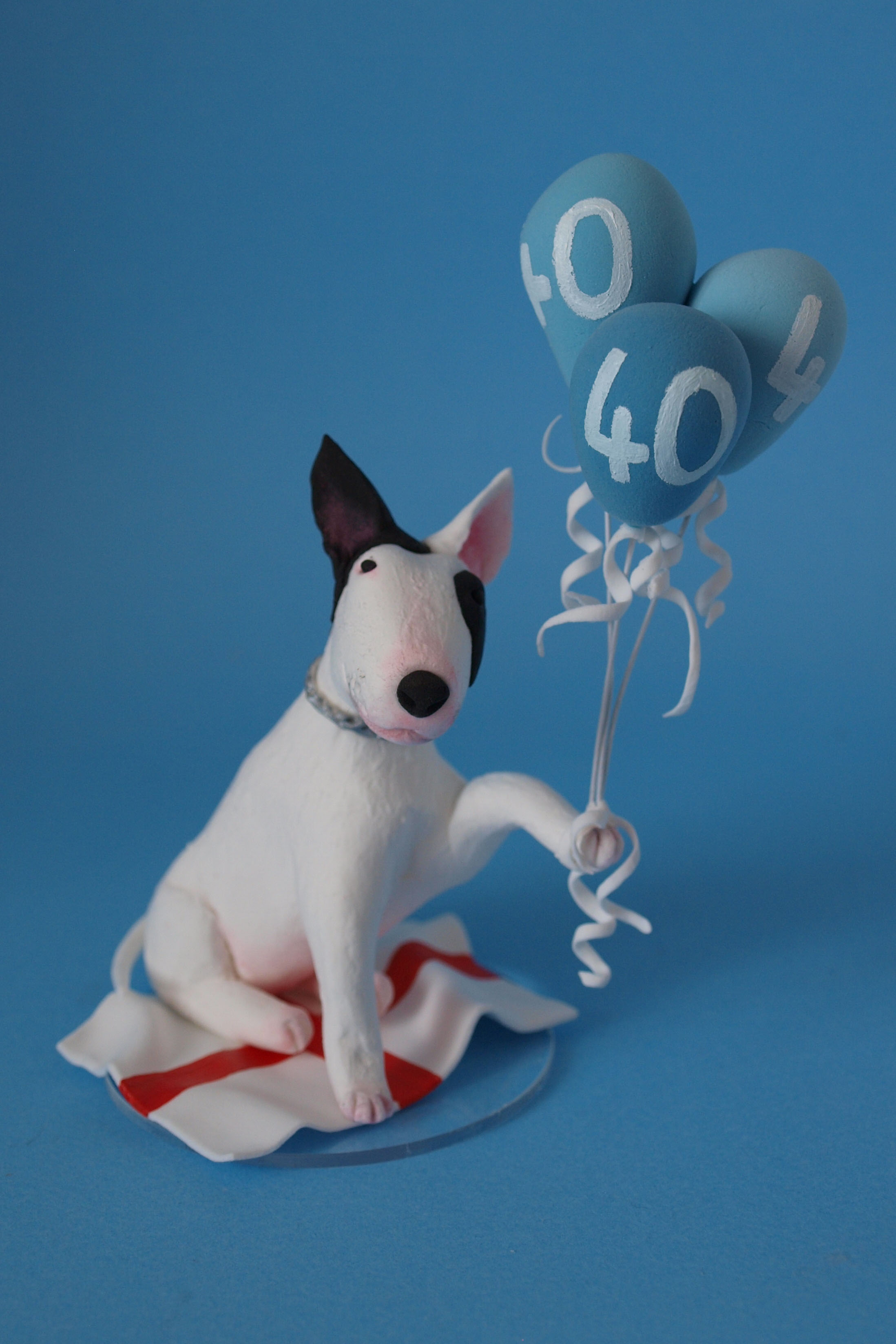 English Bull Terrier and balloons birthday cake topper by Louisa Hill