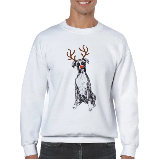 Boxer with reindeer antlers and red nose Christmas jumper by Louisa Hill