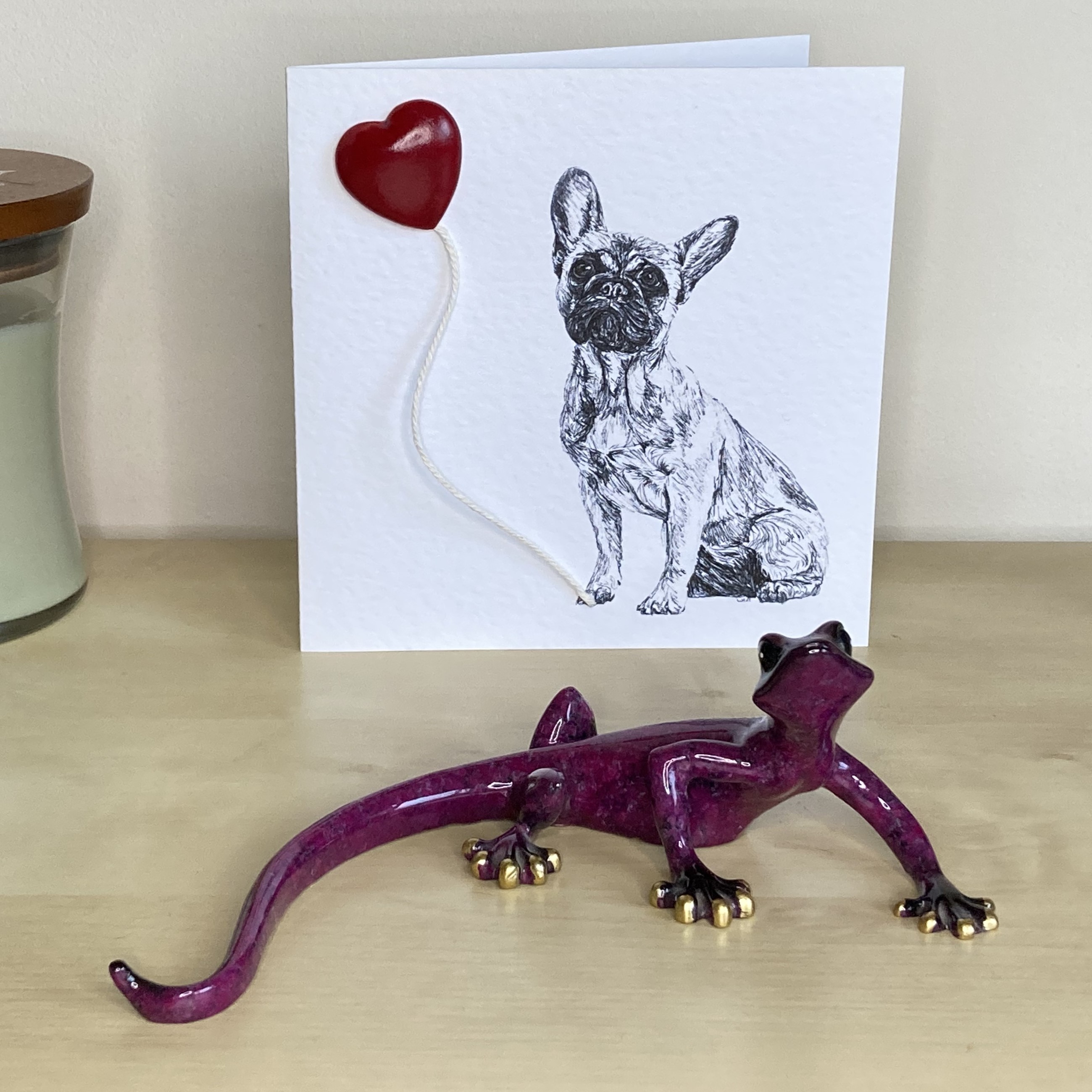 French Bulldog 15cm greetings card with 3D red heart balloon