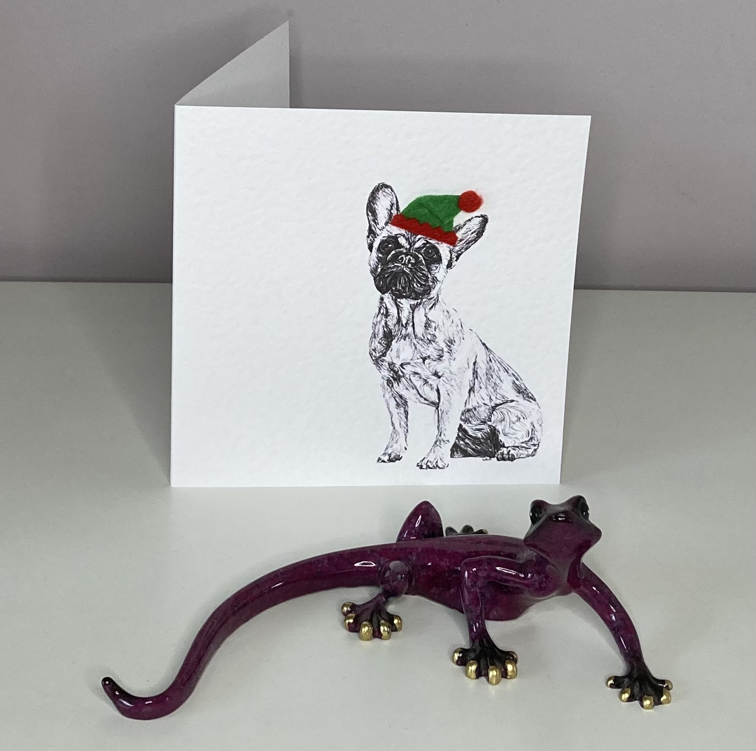 French Bulldog with elf hat Christmas card by Louisa Hill