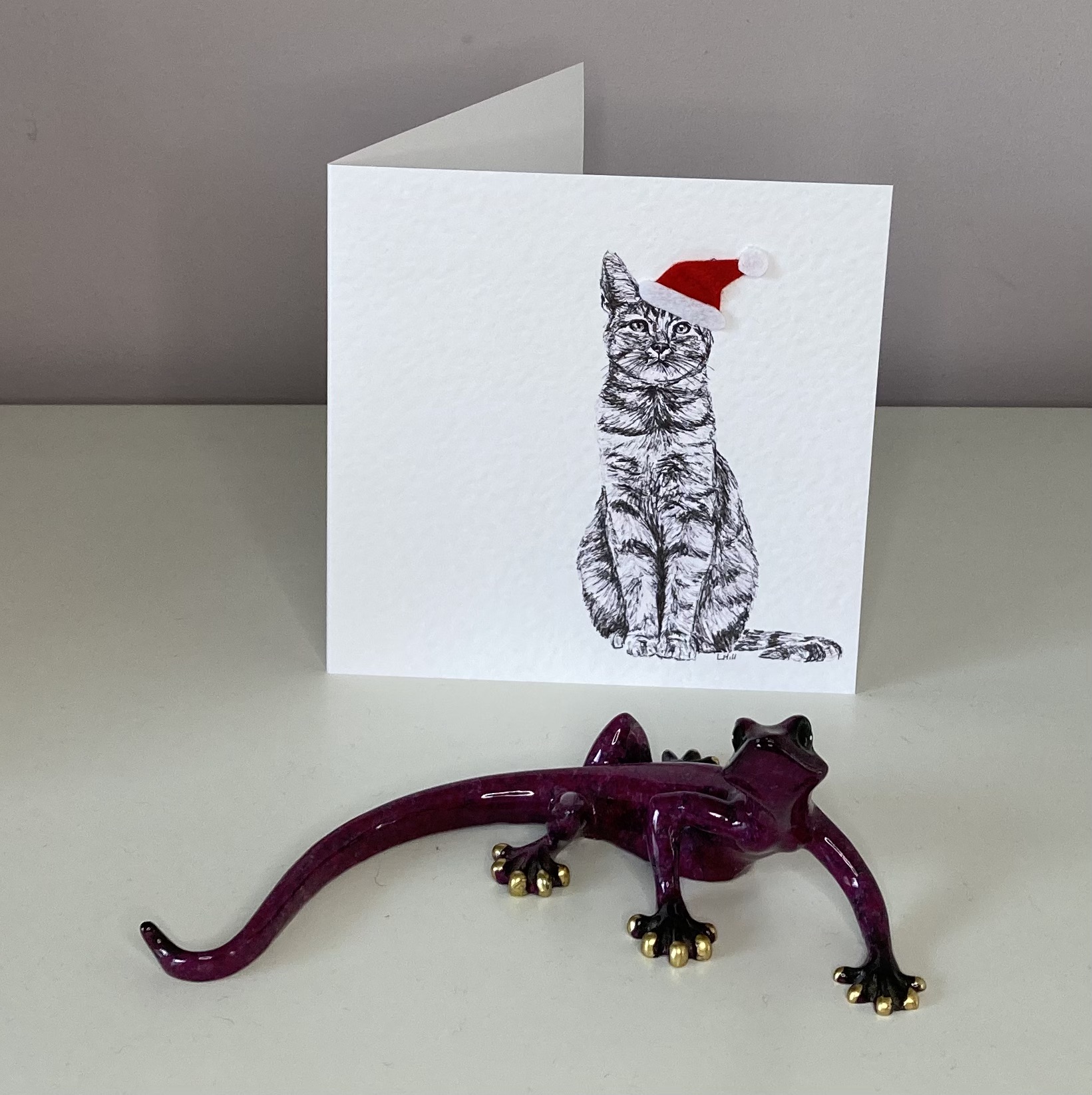 Tabby with santa hat Christmas card by Louisa Hill