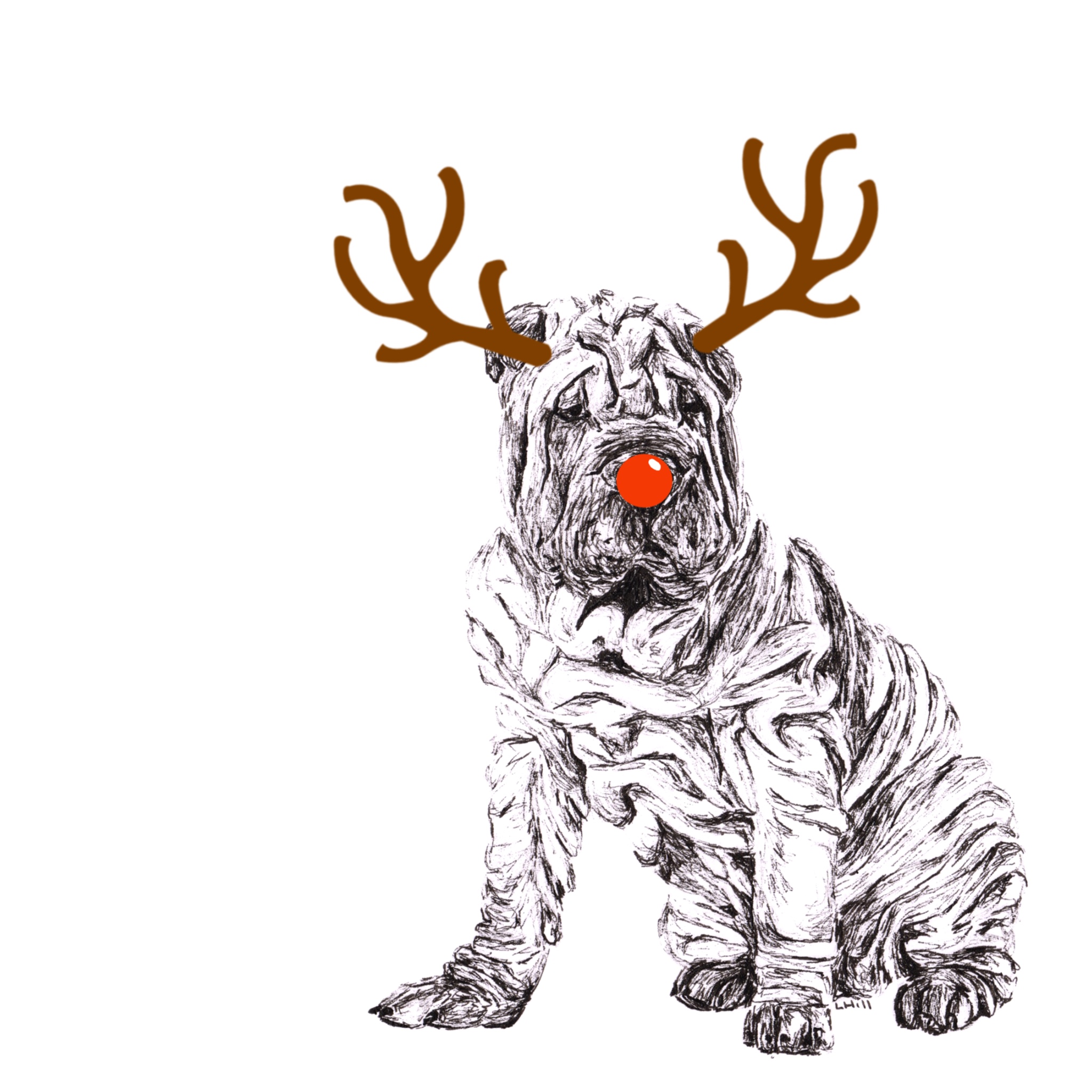 Shar Pei with reindeer antlers and red nose Christmas card by Louisa Hill