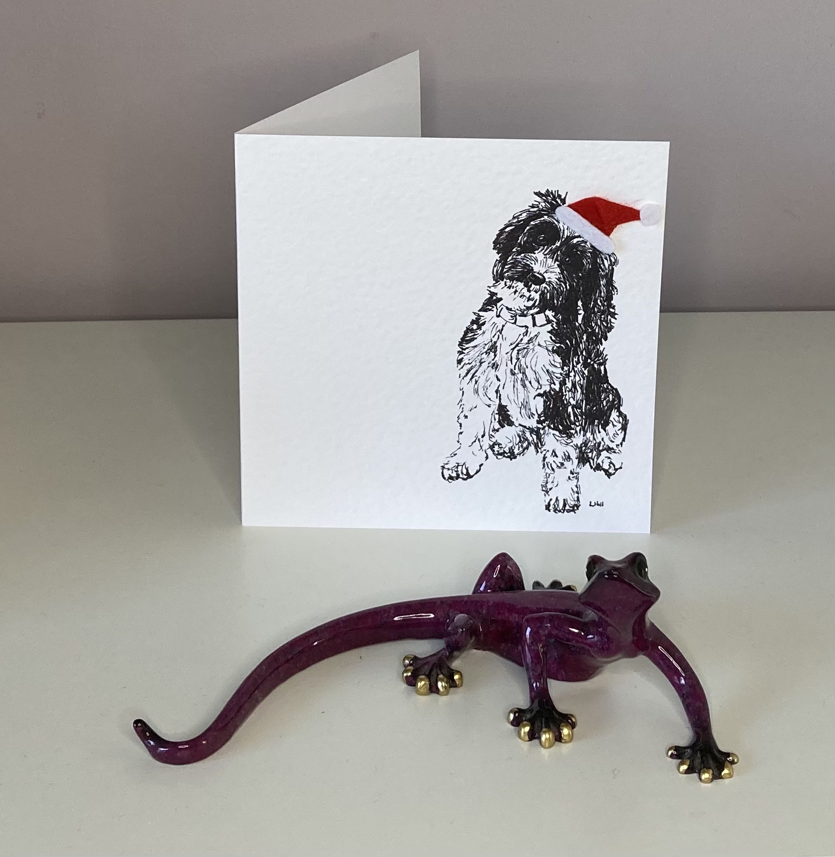 Cockapoo with Santa hat Christmas card by Louisa Hill