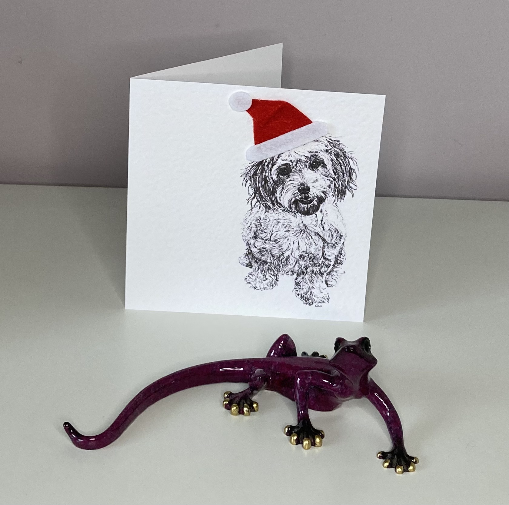 Cavachon with santa hat Christmas card by Louisa Hill