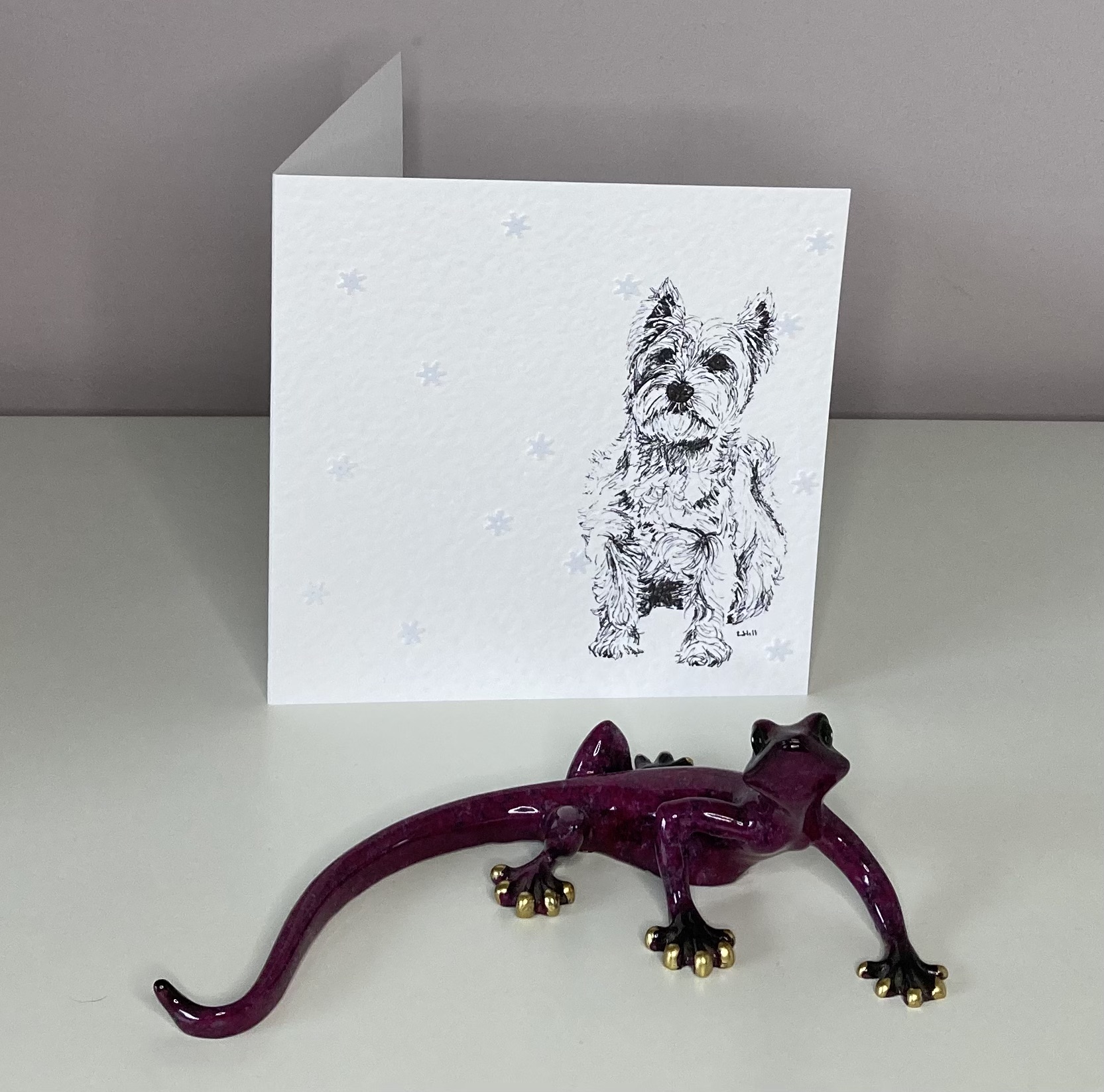 West Highland Terrier with snowflakes Christmas card by Louisa Hill