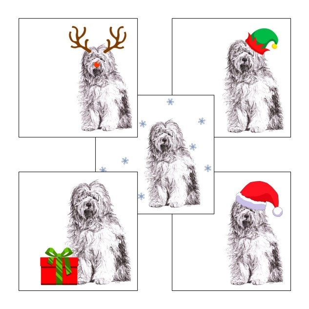 Old English Sheepdog with reindeer antlers and red nose Christmas card by Louisa Hill