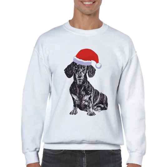 Dachshund in santa hat Christmas jumper by Louisa Hill