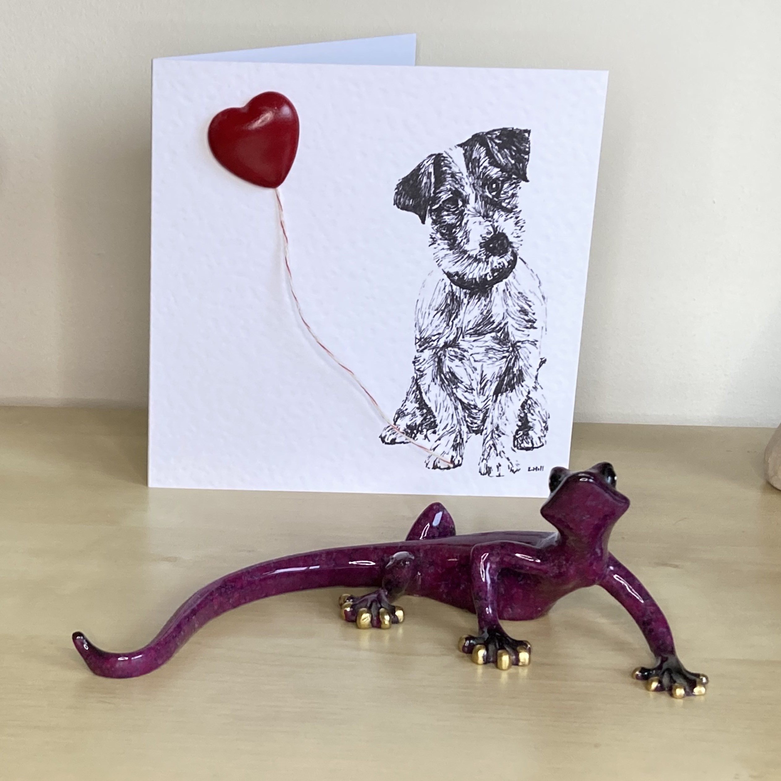 Jack Russell Terrier 15cm greetings card with 3D red heart balloon