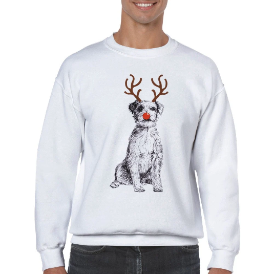 Parson Russell Terrier with reindeer antlers and red nose Christmas jumper by Louisa Hill