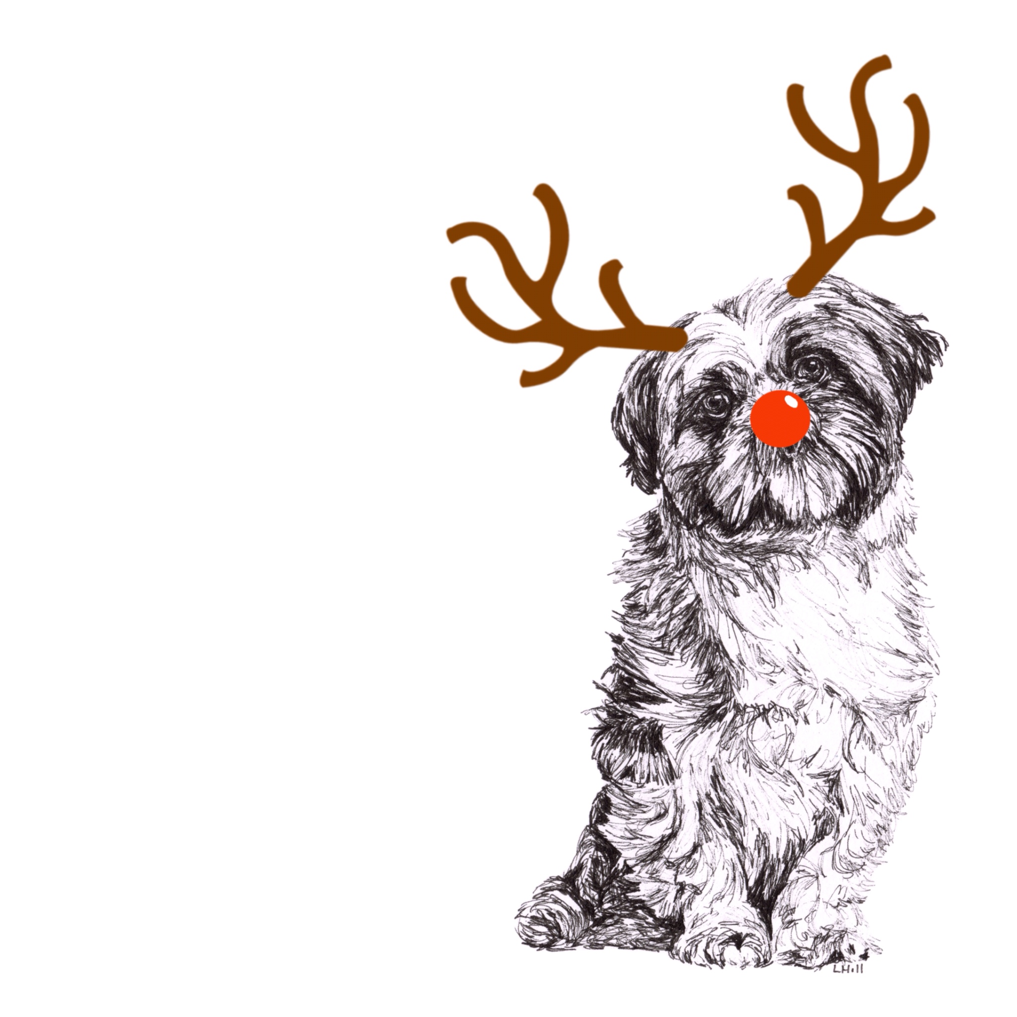 Shih Tzu with reindeer antlers and red nose Christmas card by Louisa Hill