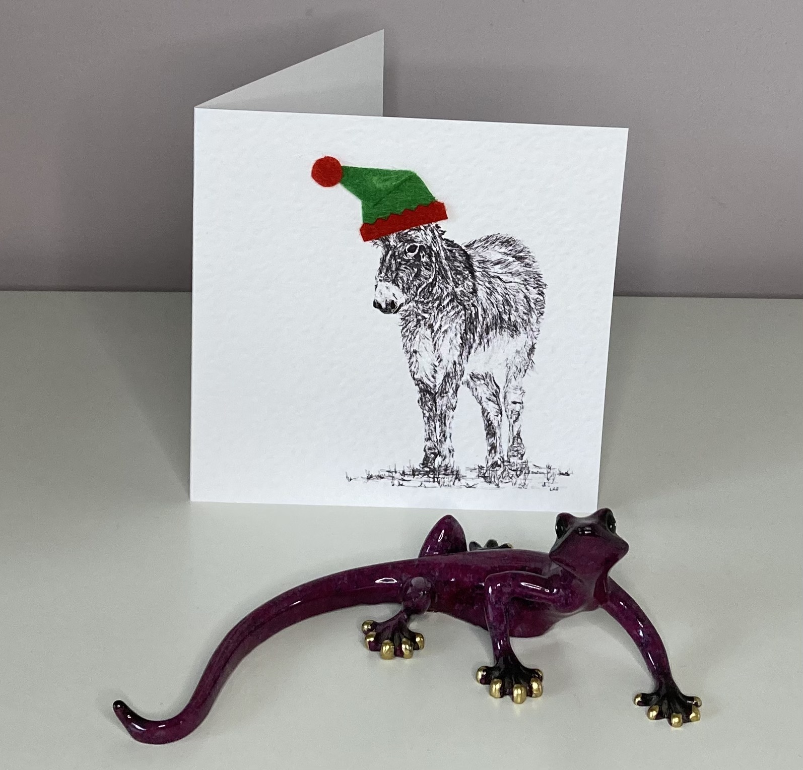 Donkey with elf hat Christmas card by Louisa Hill