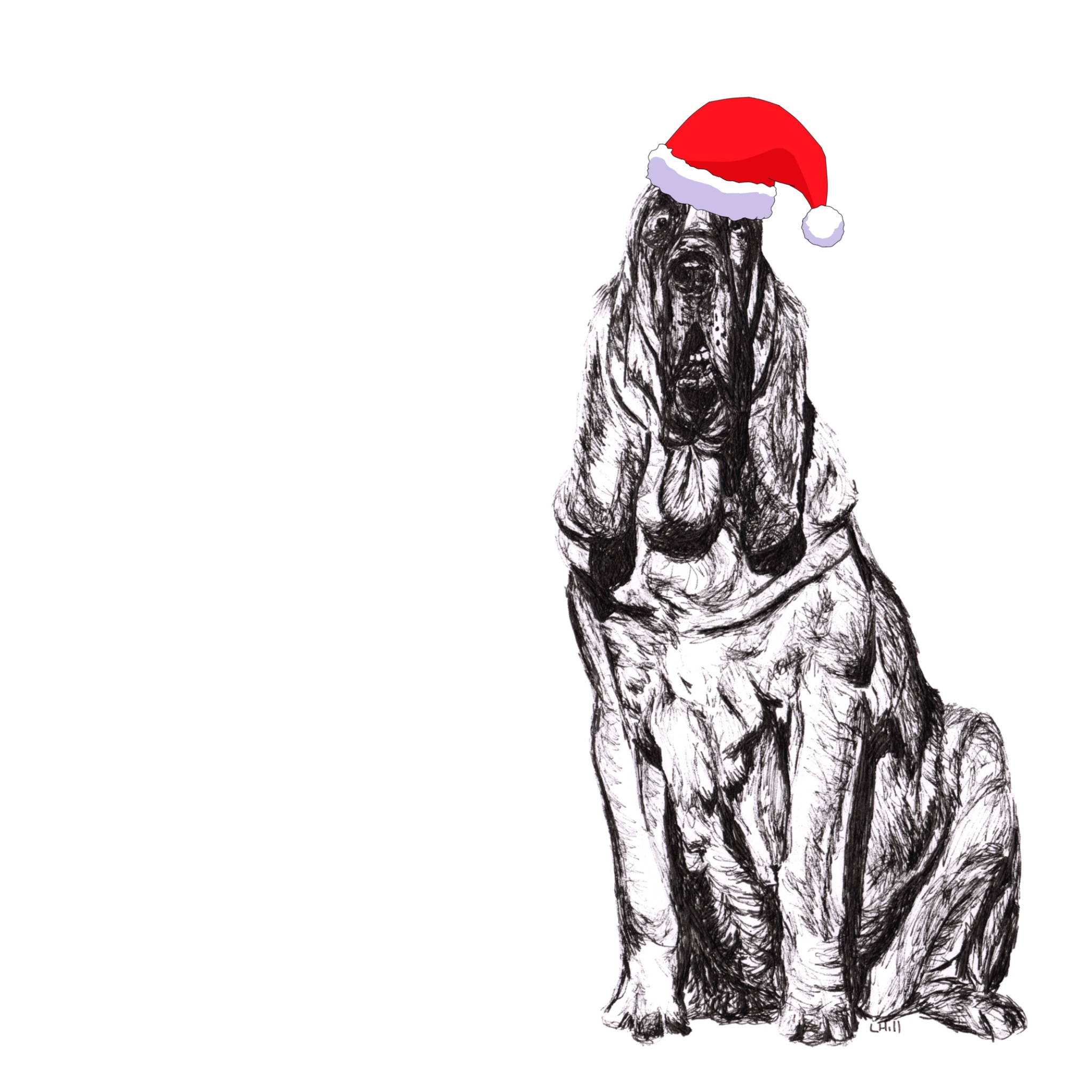 Bloodhound with Santa hat Christmas card by Louisa Hill