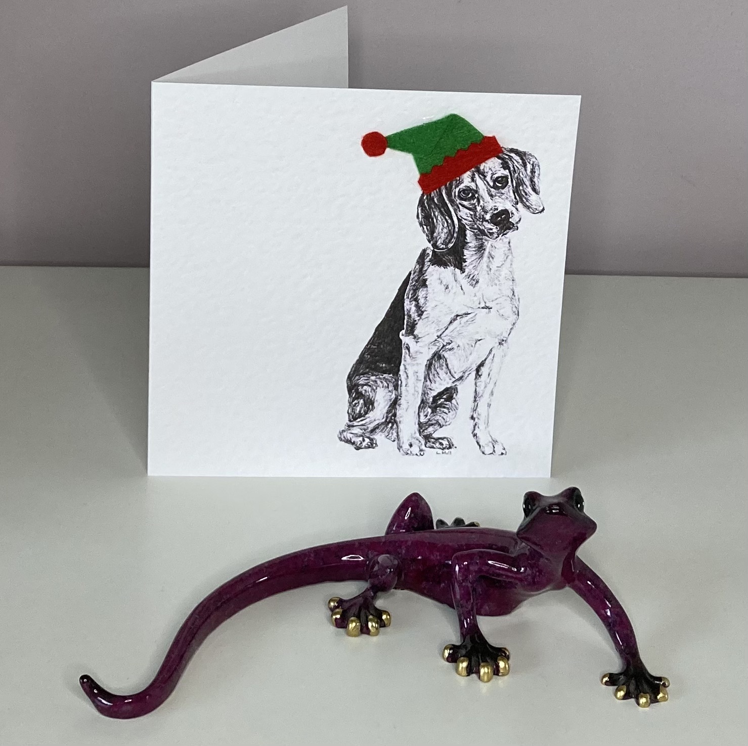 Beagle with elf hat Christmas card by Louisa Hill