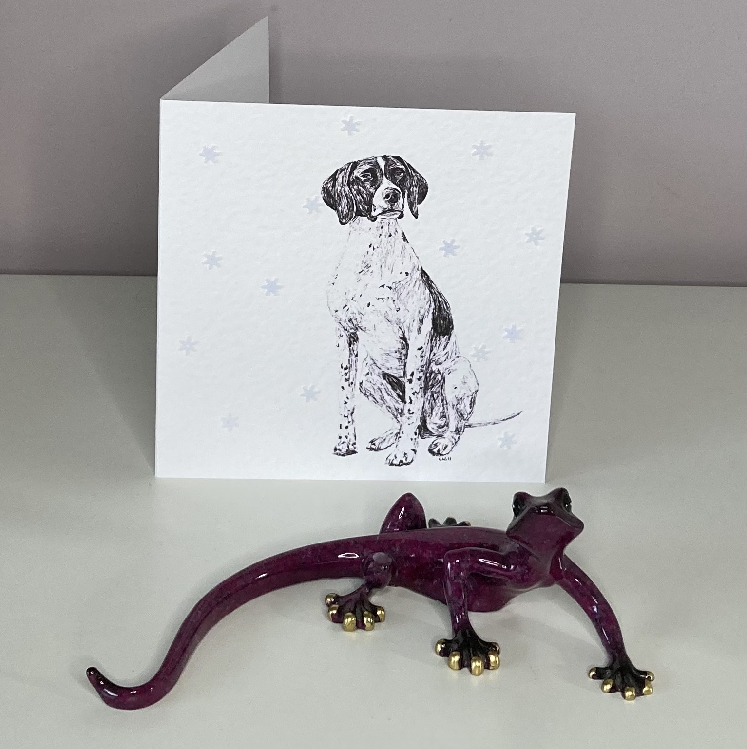 English Pointer with snowflakes Christmas card by Louisa Hill