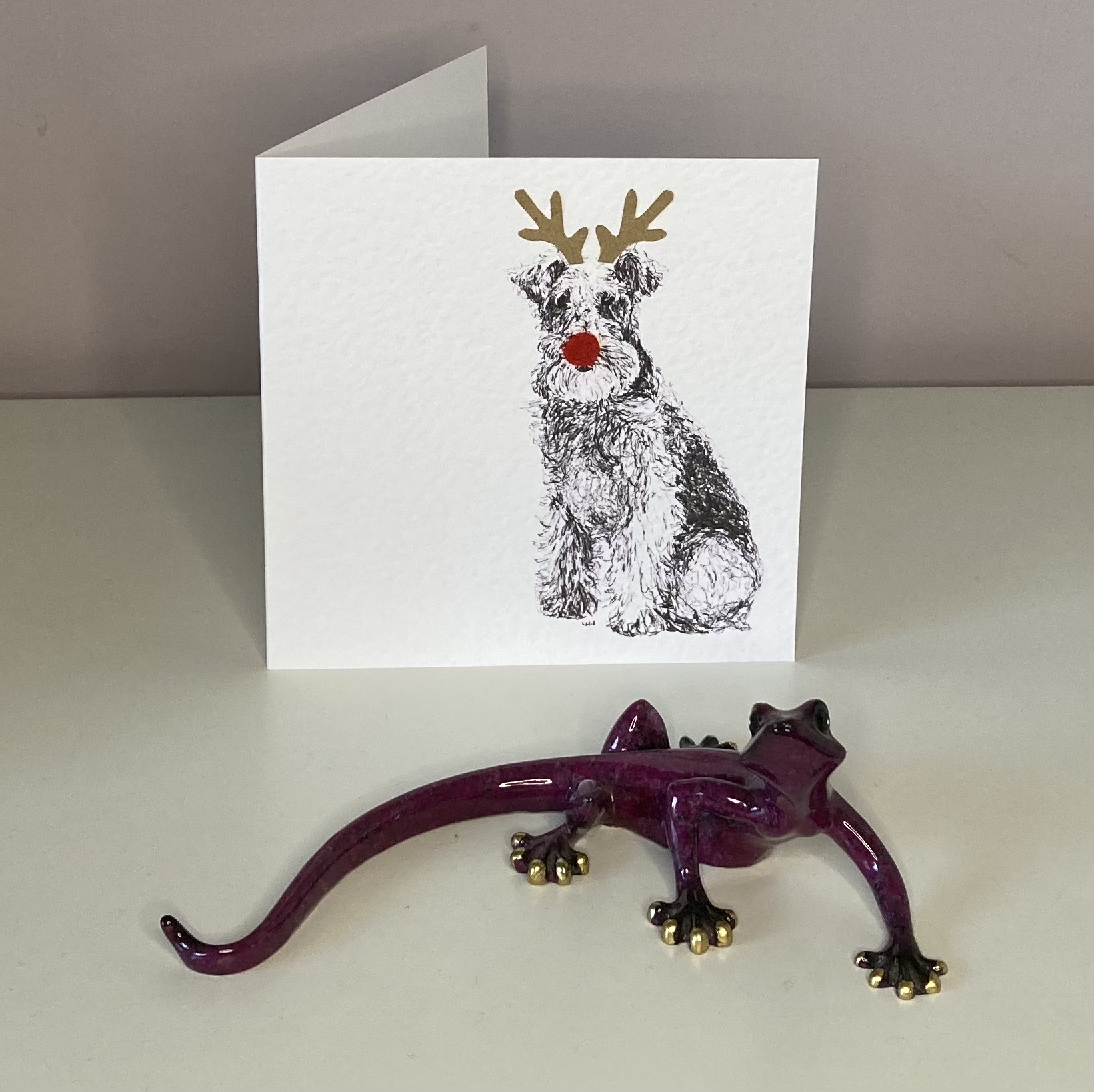 Lakeland Terrier with elf hat Christmas card by Louisa HillLakeland Terrier with reindeer antlers and red nose Christmas card by Louisa Hill