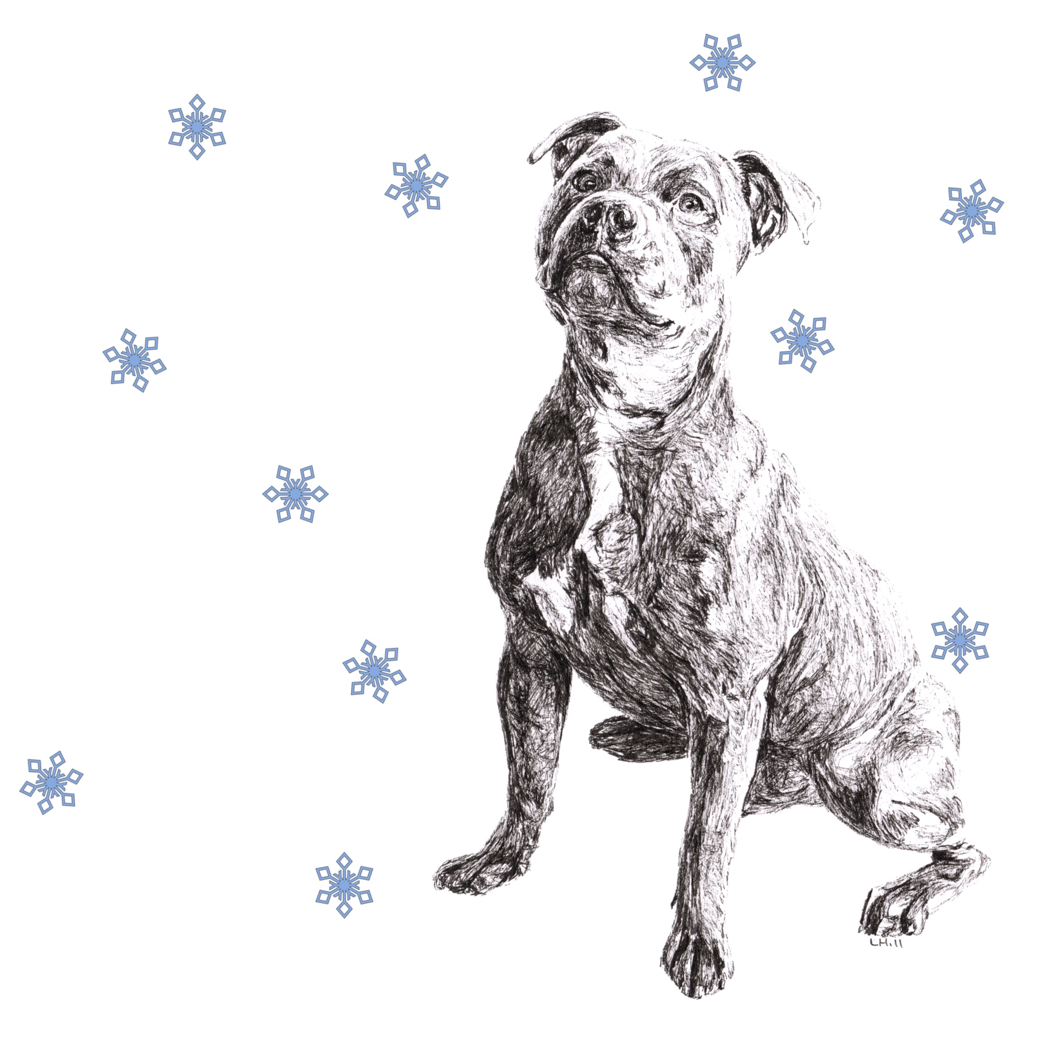 Staffordshire Bull Terrier with reindeer antlers and red noseChristmas card by Louisa Hill