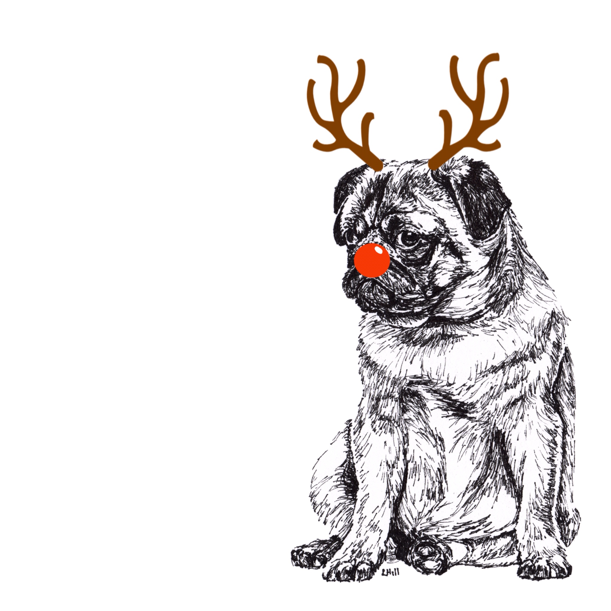 Pug with reindeer antlers and red nose Christmas card by Louisa Hill