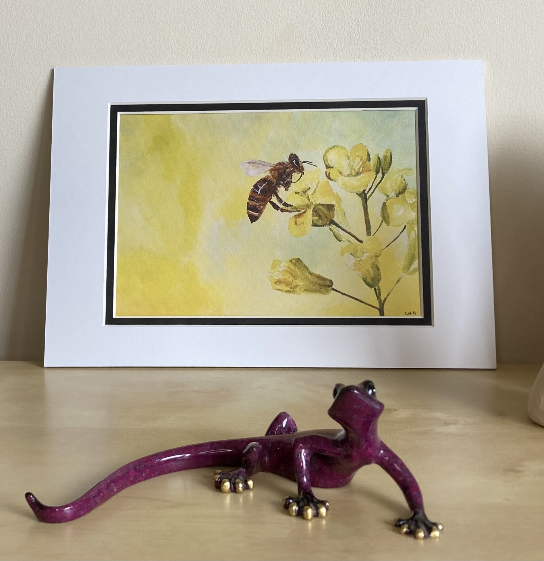 Bee with yellow flowers print from an acrylic painting by Louisa Hill