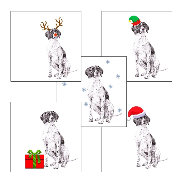 English Pointer with reindeer antlers and red nose Christmas card by Louisa Hill