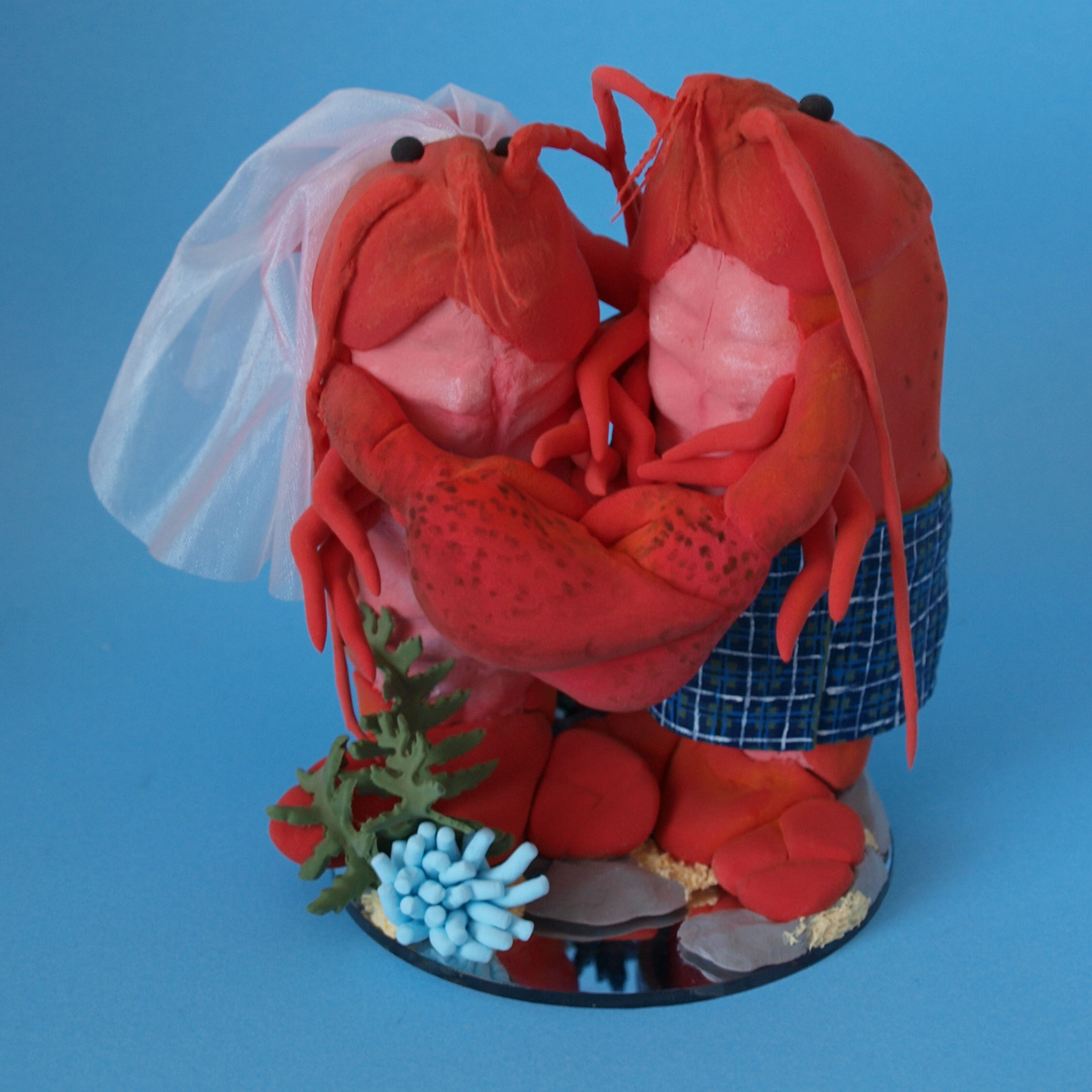 Lobster bride and groom wedding cake topper by Louisa Hill