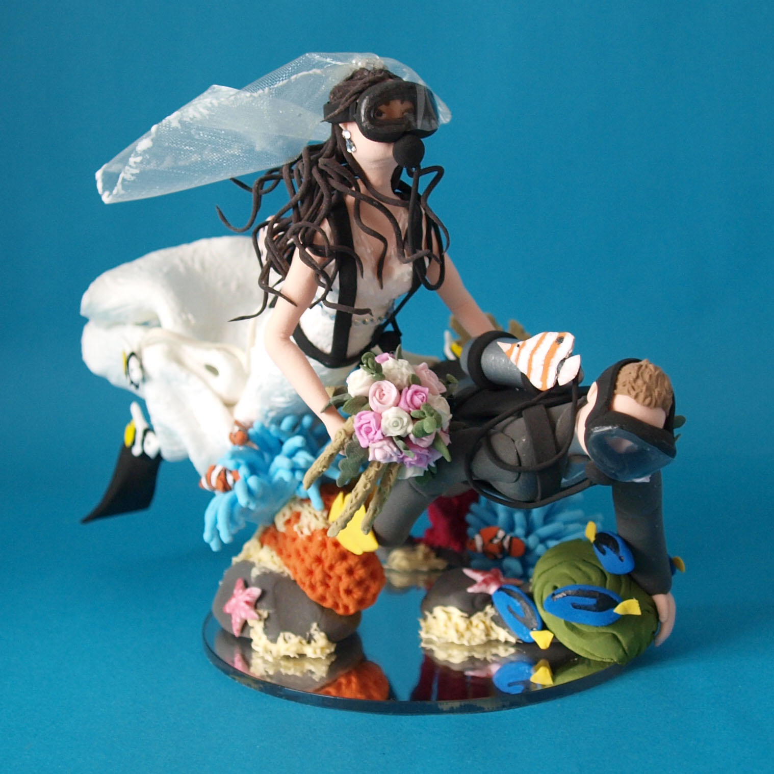 Scuba Diving Bride and groom wedding cake topper by Louisa Hill