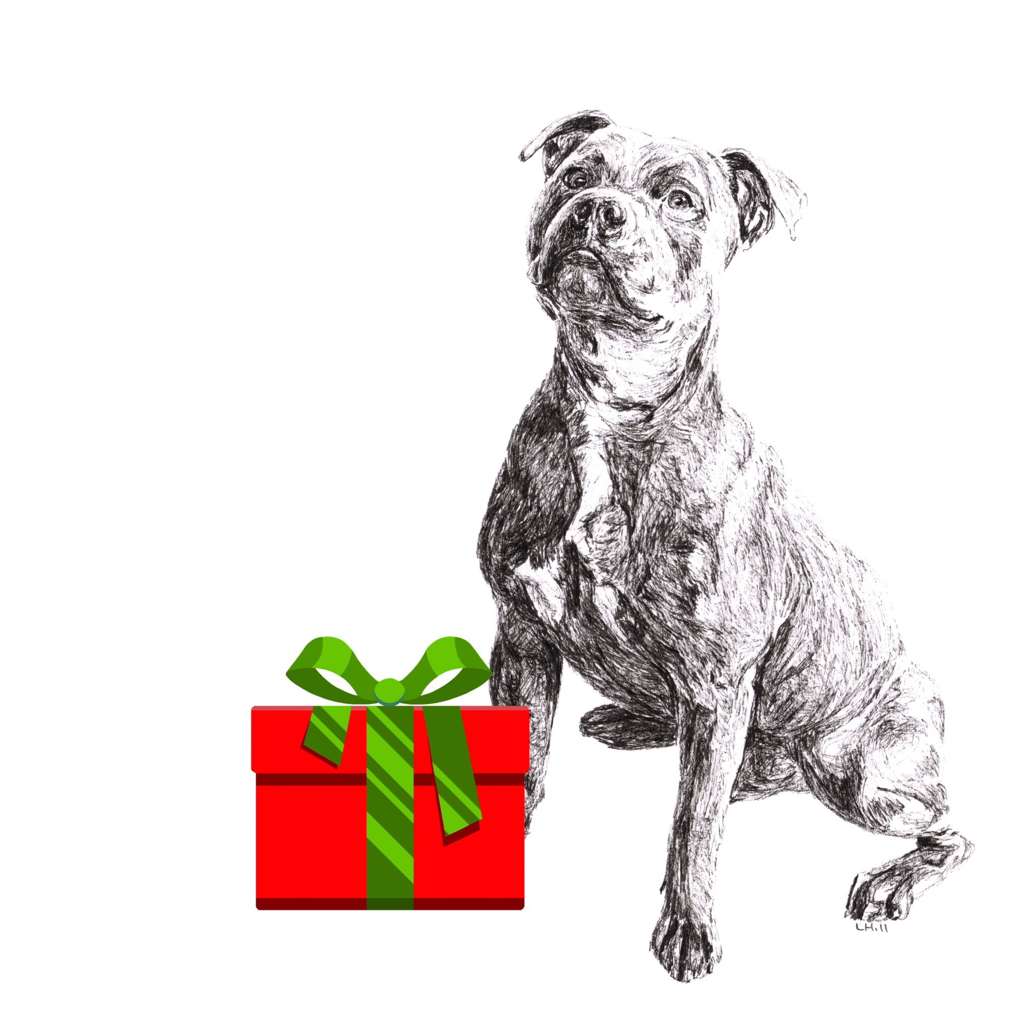 Staffordshire Bull Terrier with Santa hat Christmas card by Louisa Hill