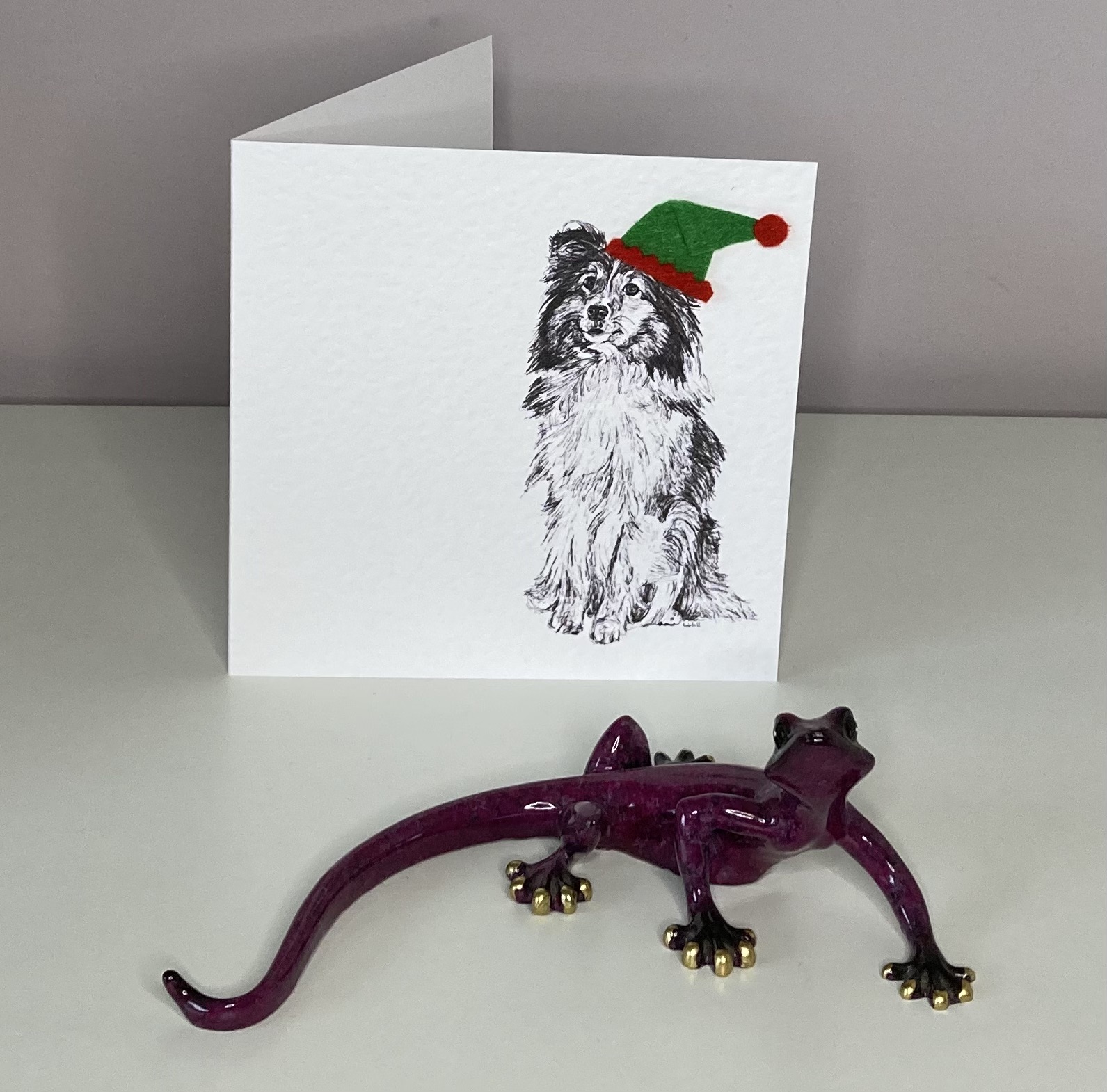 Shetland Sheepdog with elf hat Christmas card by Louisa Hill