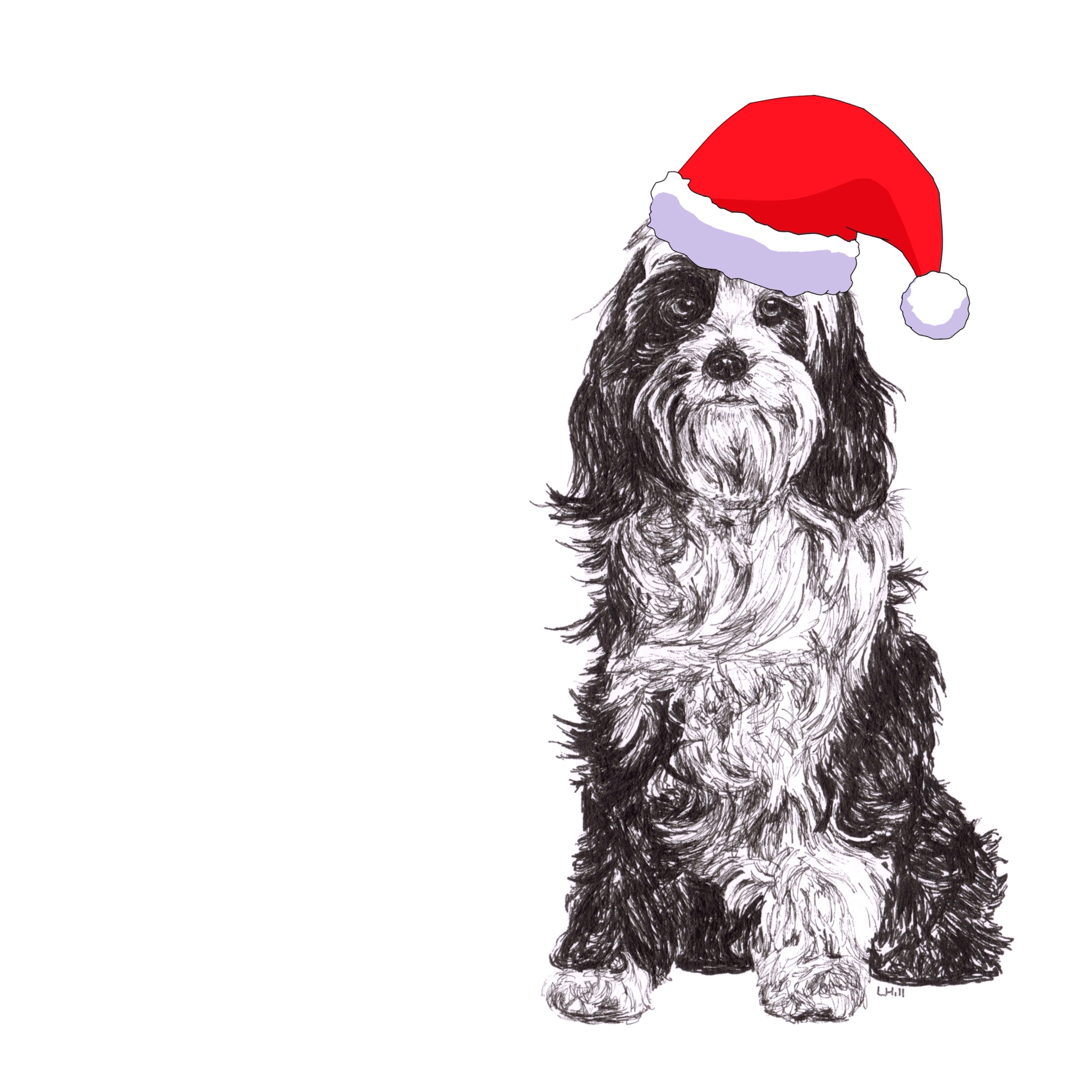 Tibetan Terrier with Santa hat Christmas card by Louisa Hill