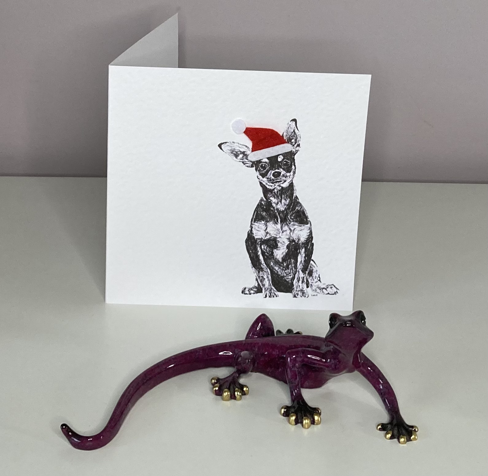 Chihuahua with Santa hat Christmas card by Louisa Hill