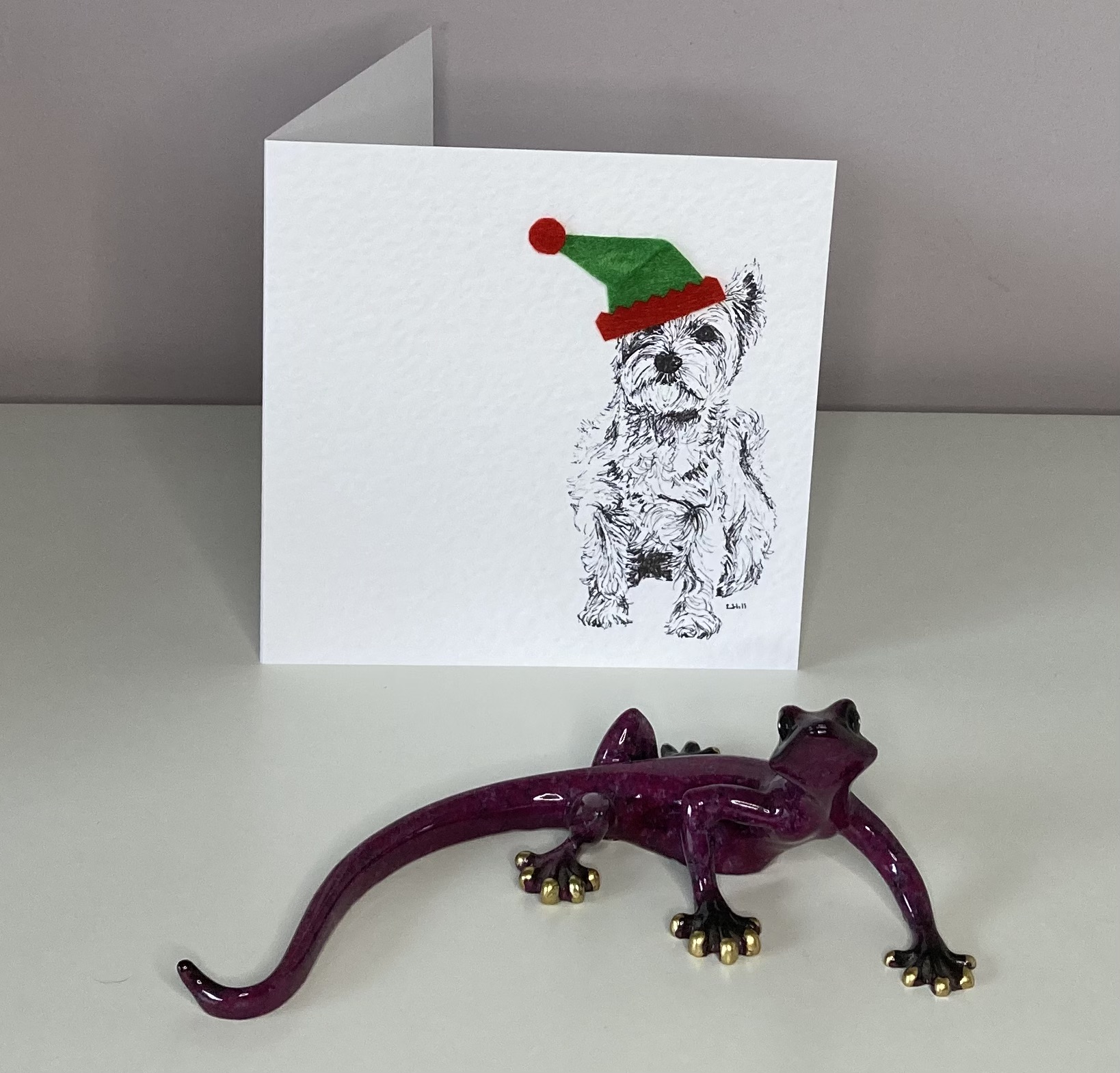 West Highland Terrier with elf hat Christmas card by Louisa Hill