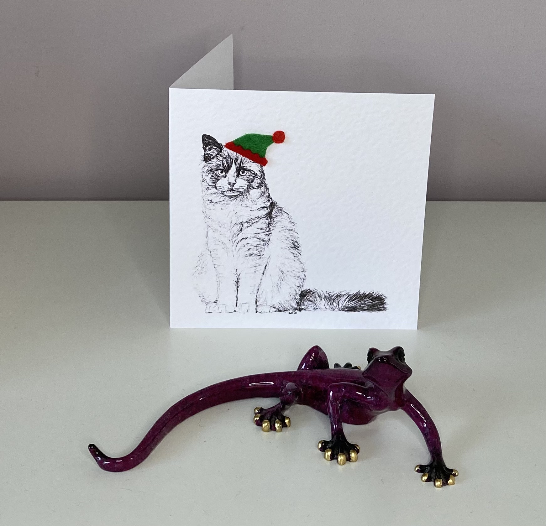 Ragdoll with elf hat Christmas card by Louisa Hill