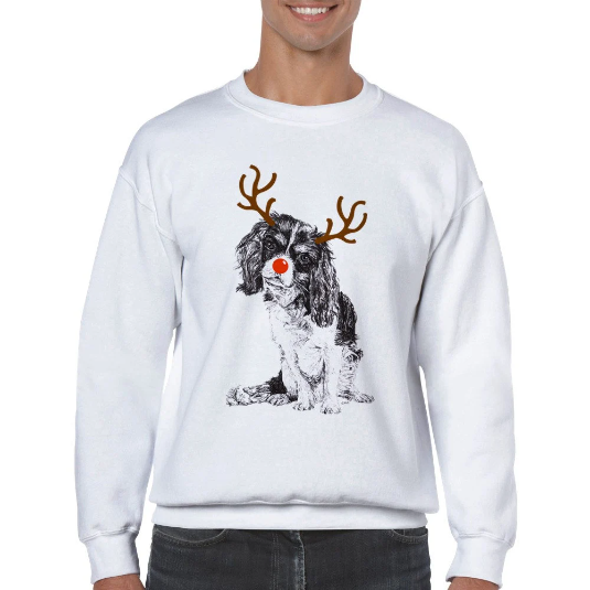 Cavalier King Charles Spaniel with reindeer antlers and red nose Christmas jumper by Louisa Hill