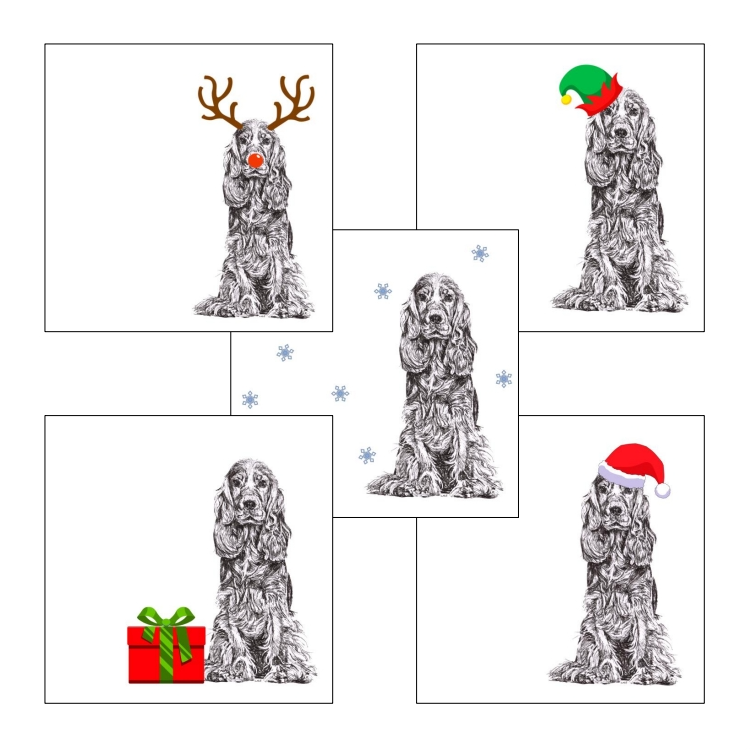 Cocker Spaniel with reindeer antlers and red nose Christmas card by Louisa Hill