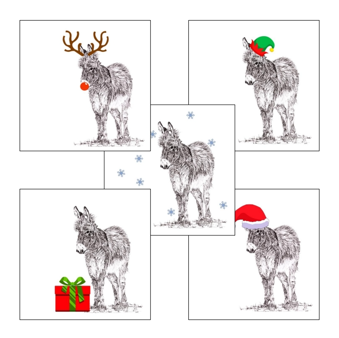 Donkey with santa hat Christmas card by Louisa Hill