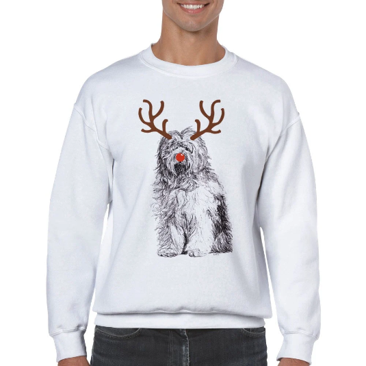 Old English Sheepdog with reindeer antlers and red nose Christmas jumper by Louisa Hill