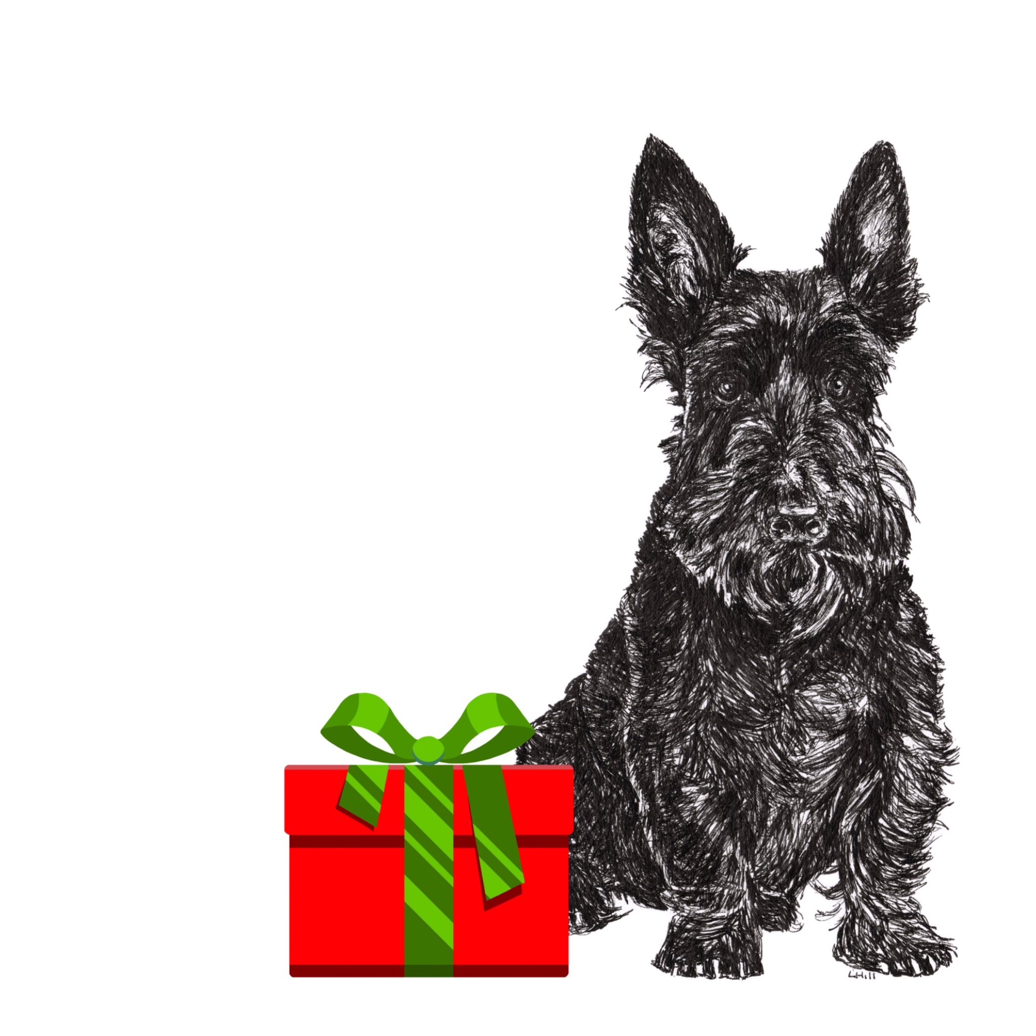 Scottish Terrier with Santa hat Christmas card by Louisa Hill