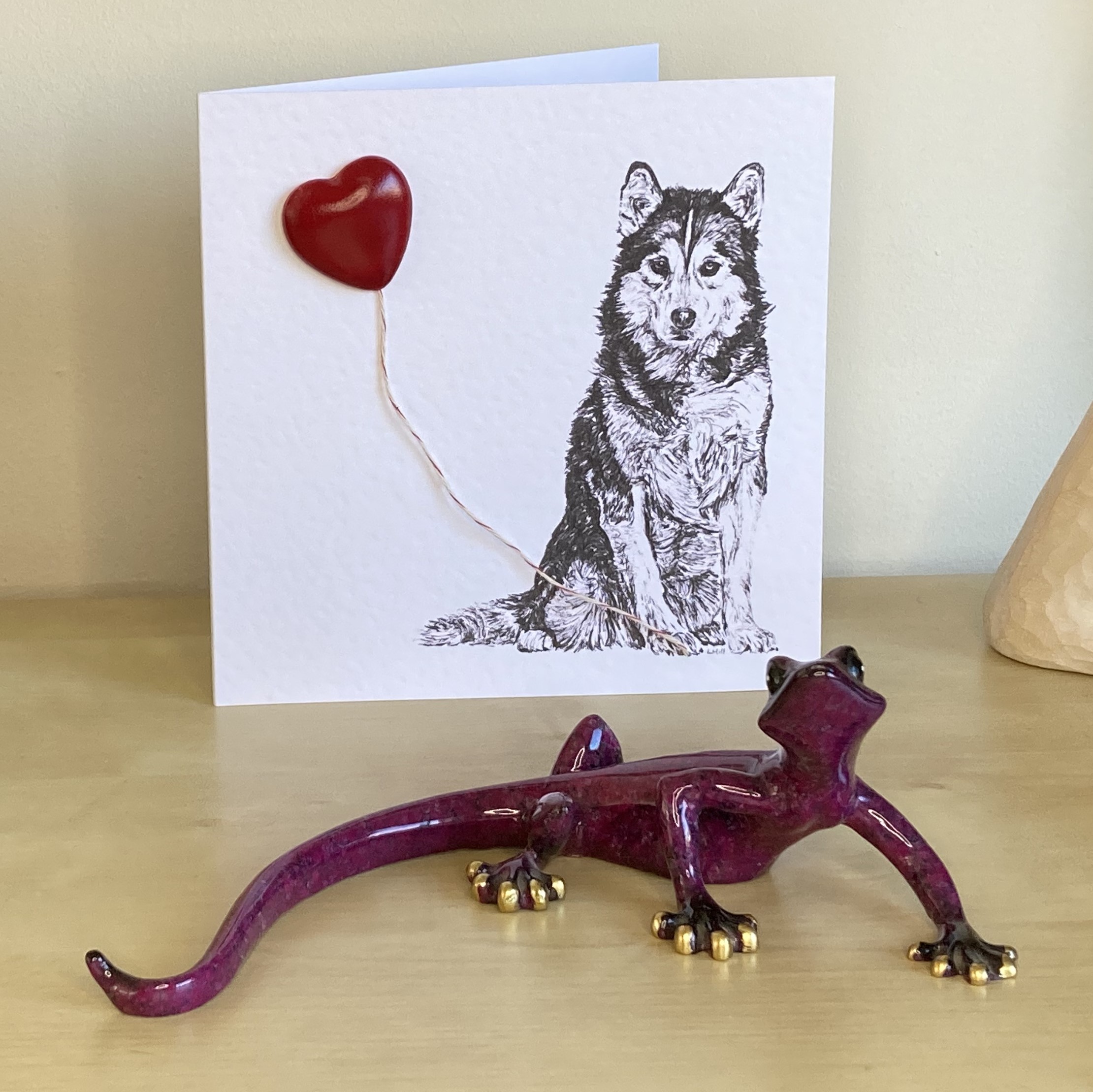 Siberian Husky 15cm greetings card with 3D red heart balloon