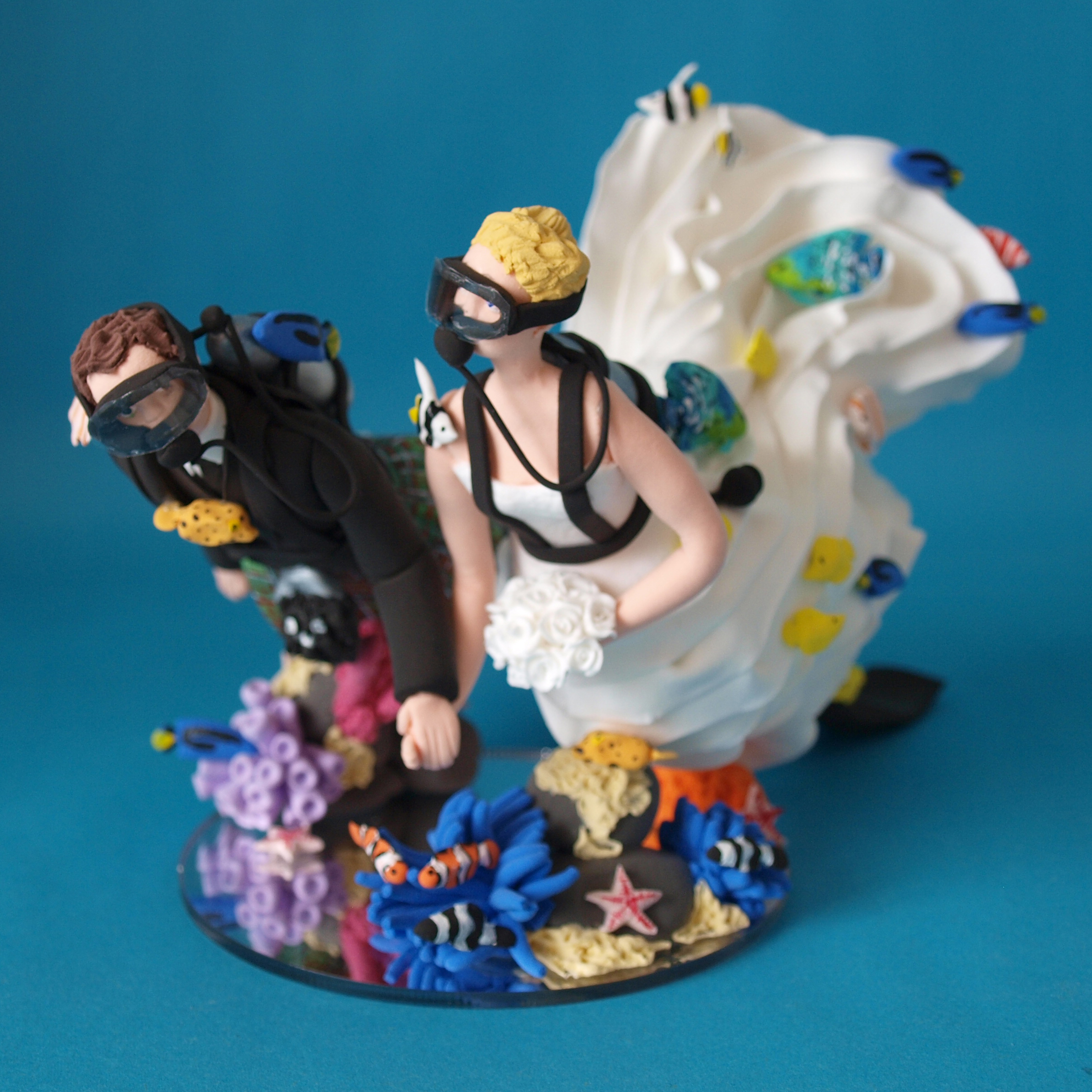 Scuba Diving Bride and groom wedding cake topper by Louisa Hill