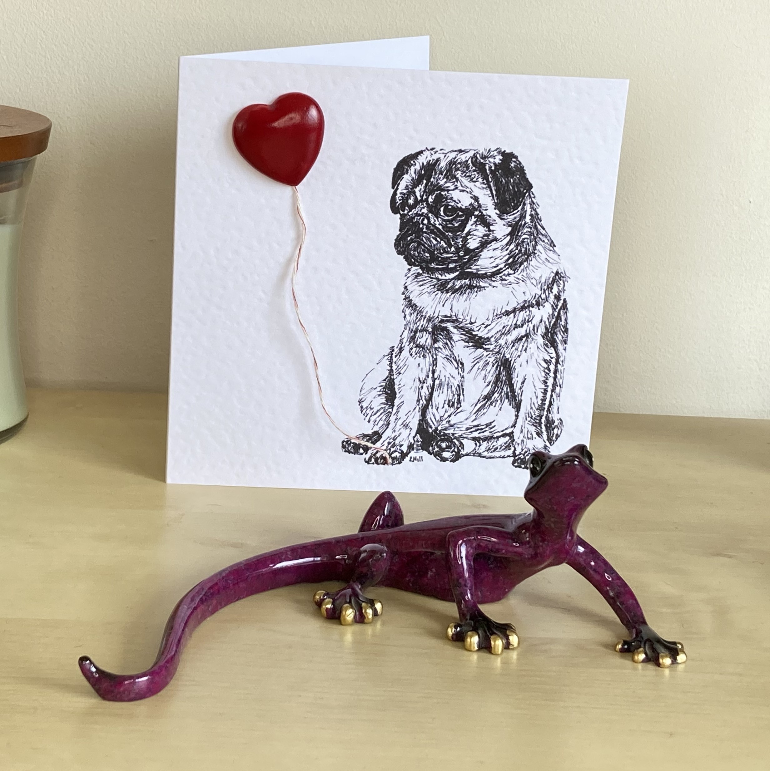 Pug 15cm greetings card with 3D red heart balloon