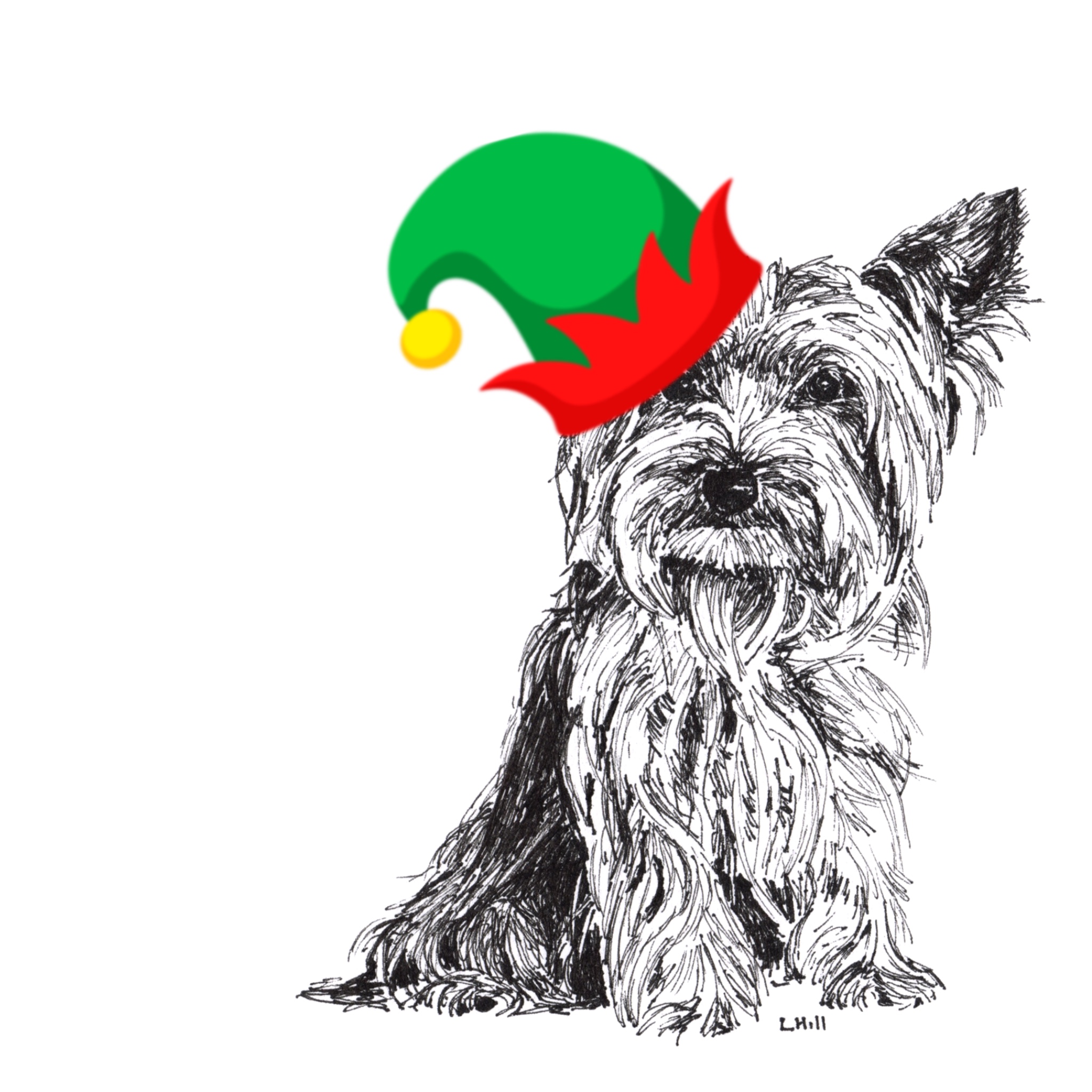 Yorkshire Terrier with Santa hat Christmas card by Louisa Hill