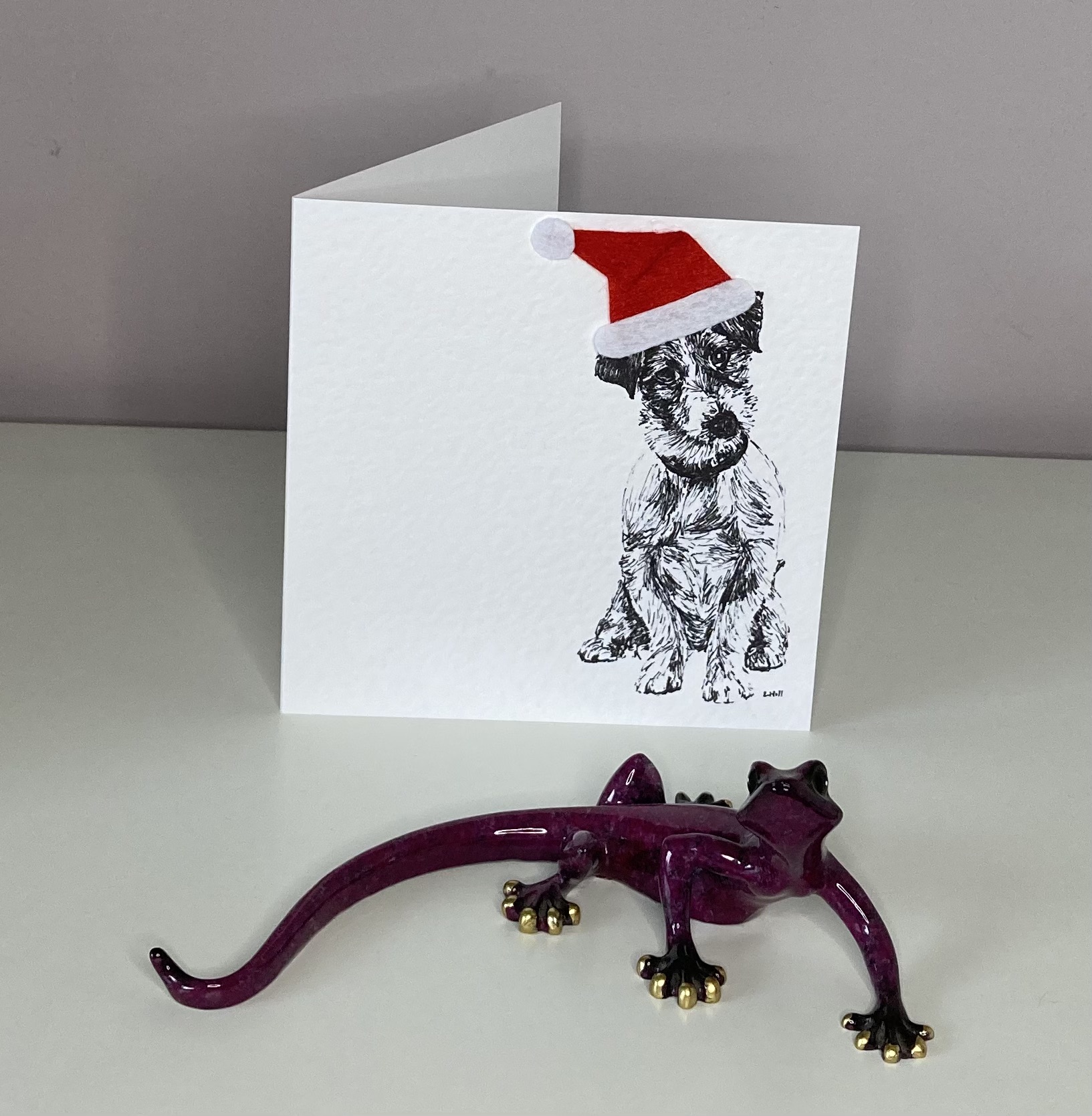 Jack Russell Terrier with Santa hat Christmas card by Louisa Hill