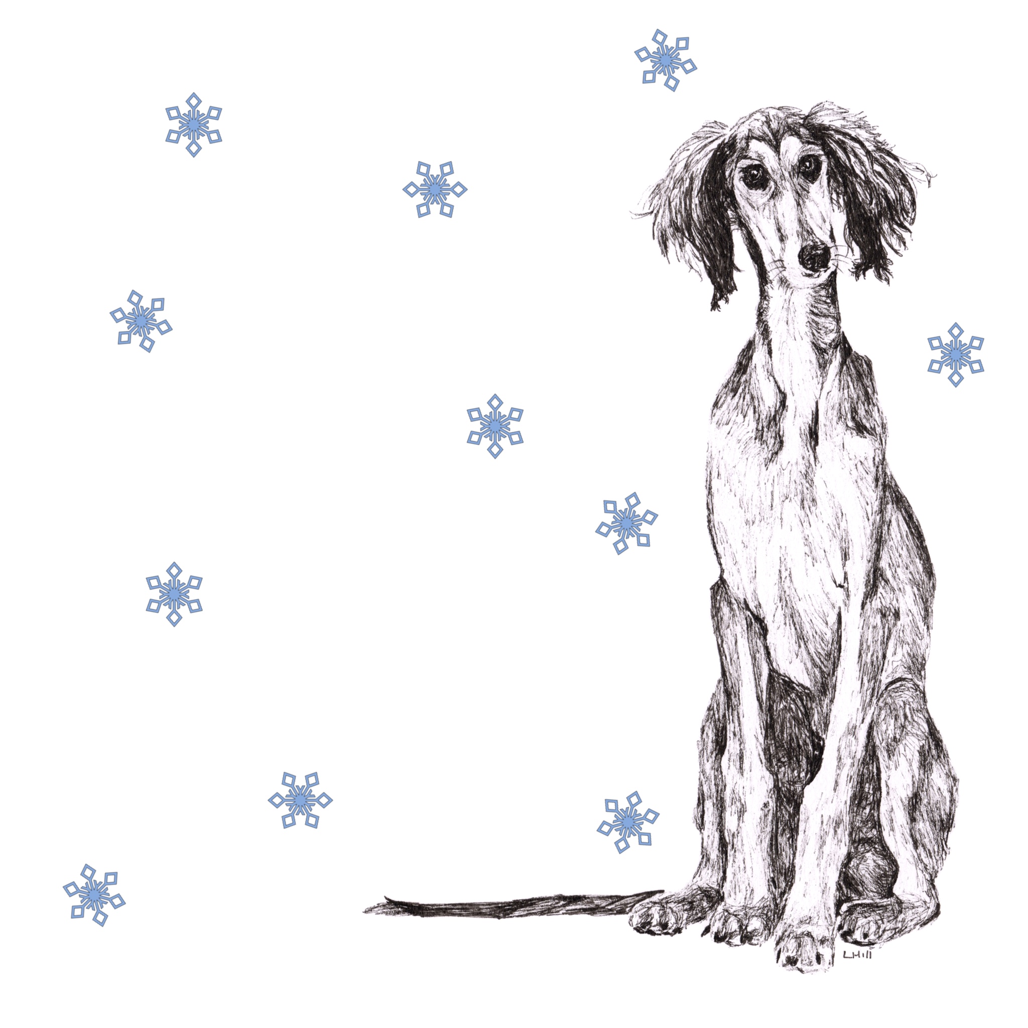 Saluki with reindeer antlers and red noseChristmas card by Louisa Hill