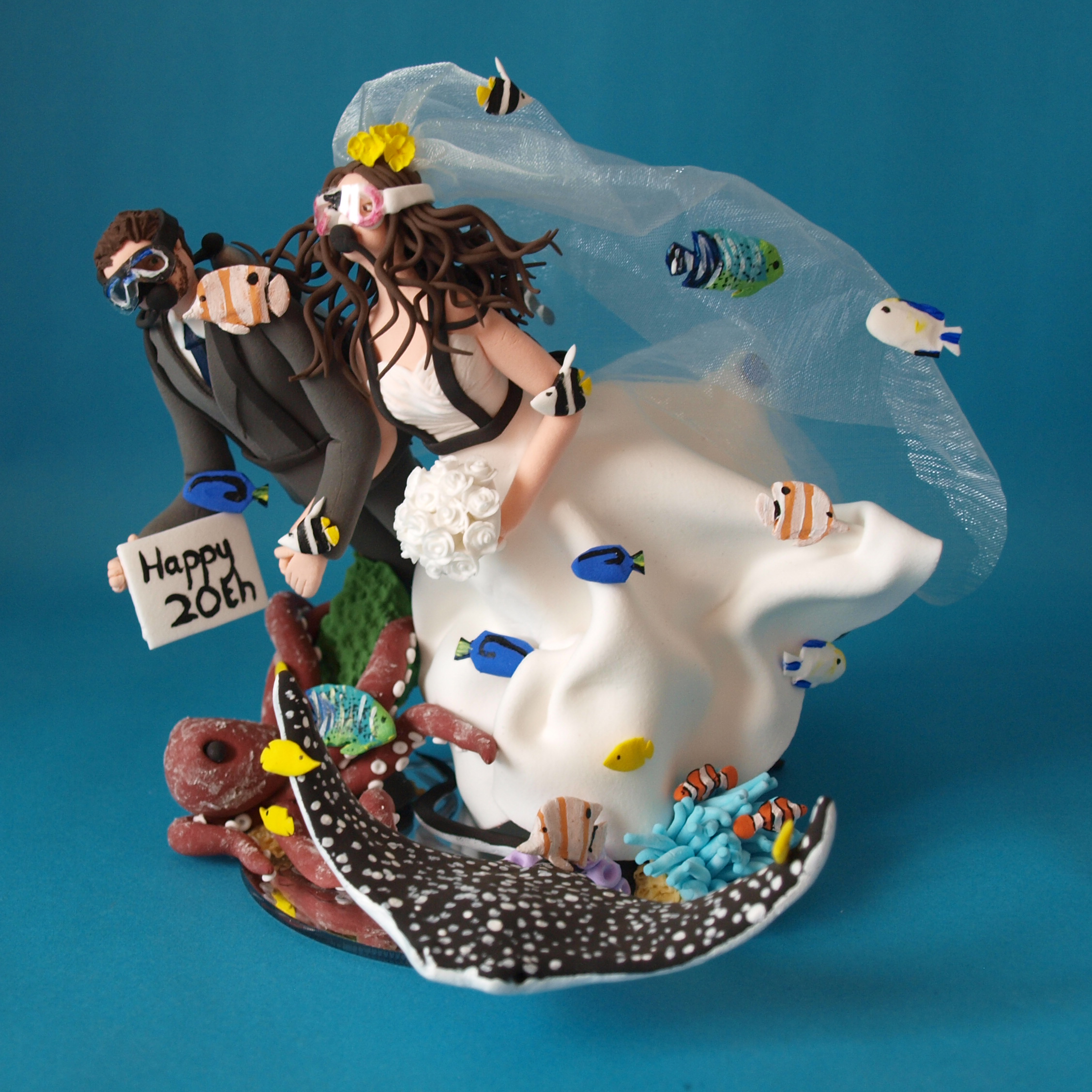 Scuba Diving Bride and groom with sting ray and octopus wedding cake topper by Louisa Hill